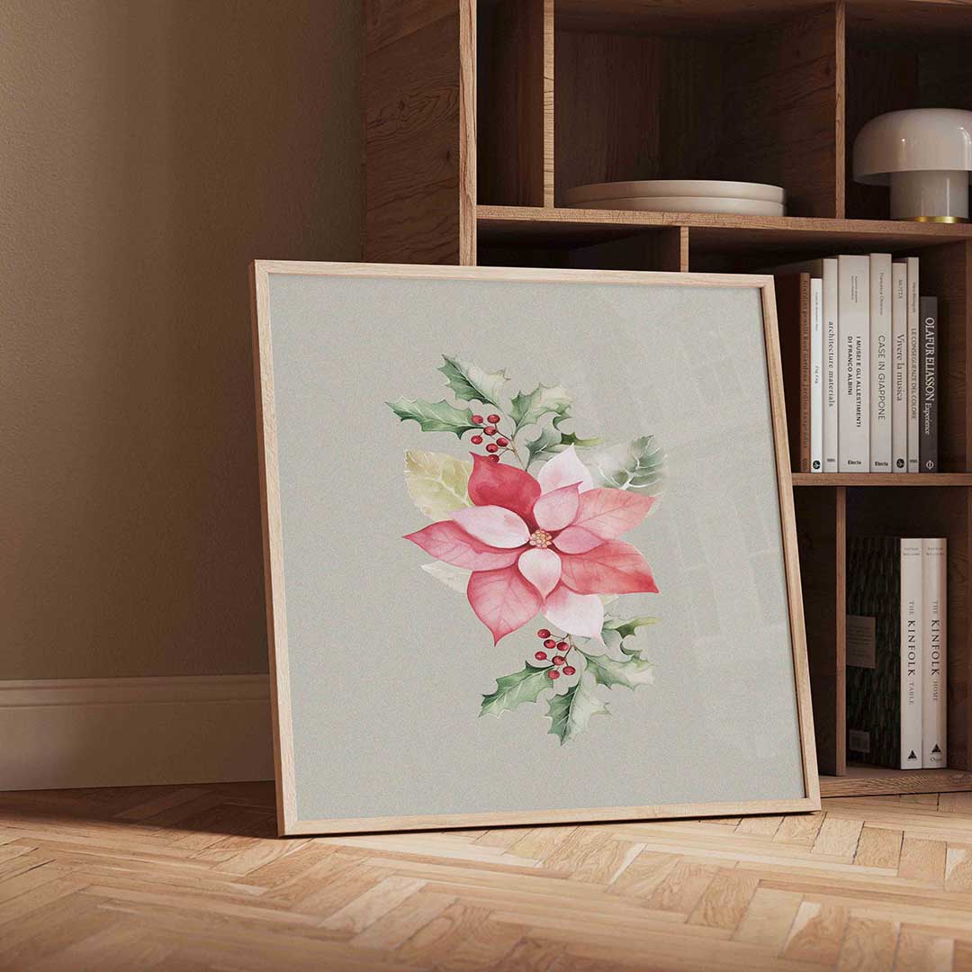 Kerstbloem en hulst – vierkante kerst wanddecoratie van WallArtistic