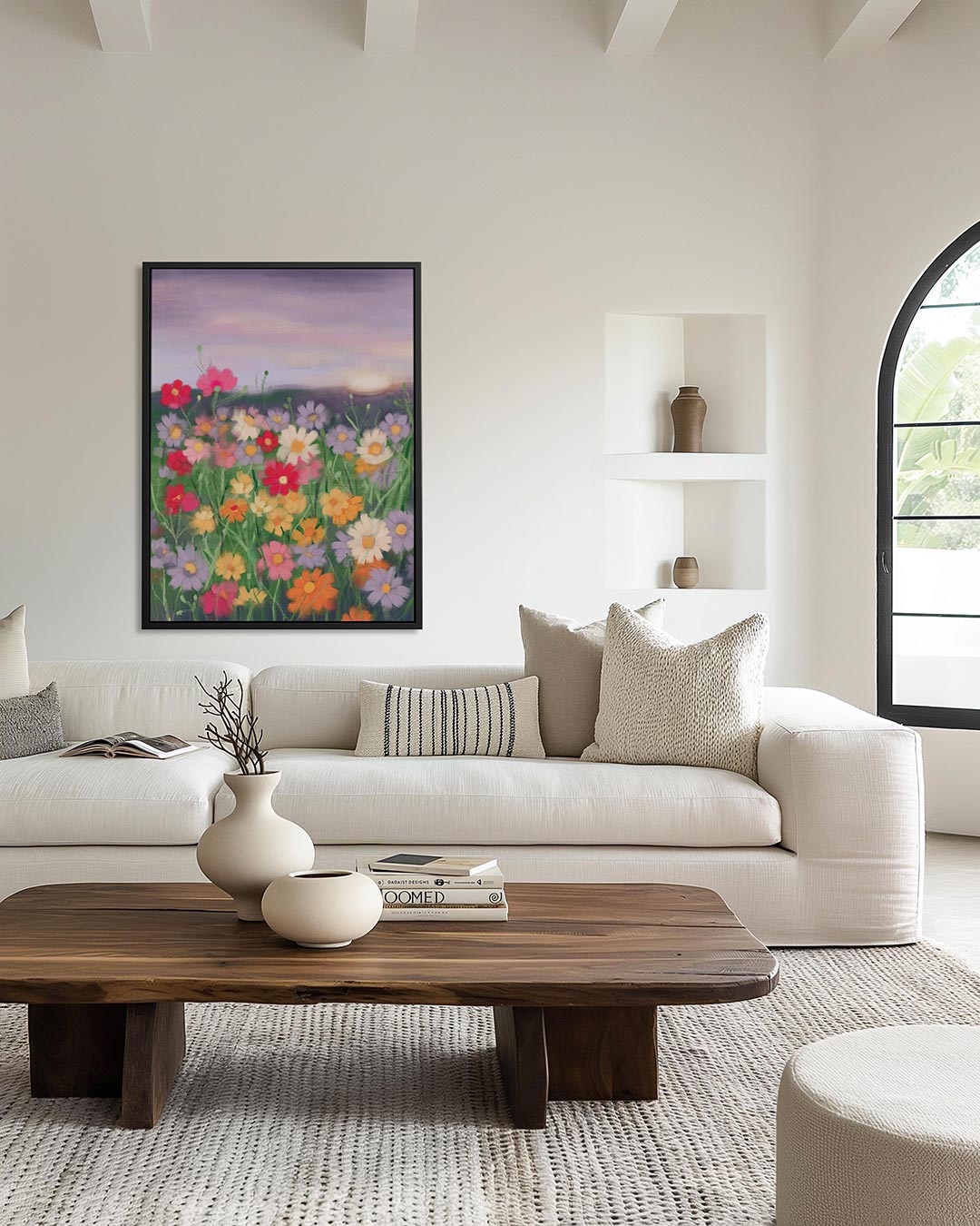 Bloemenveld in schemering – moderne staande wandkunst
