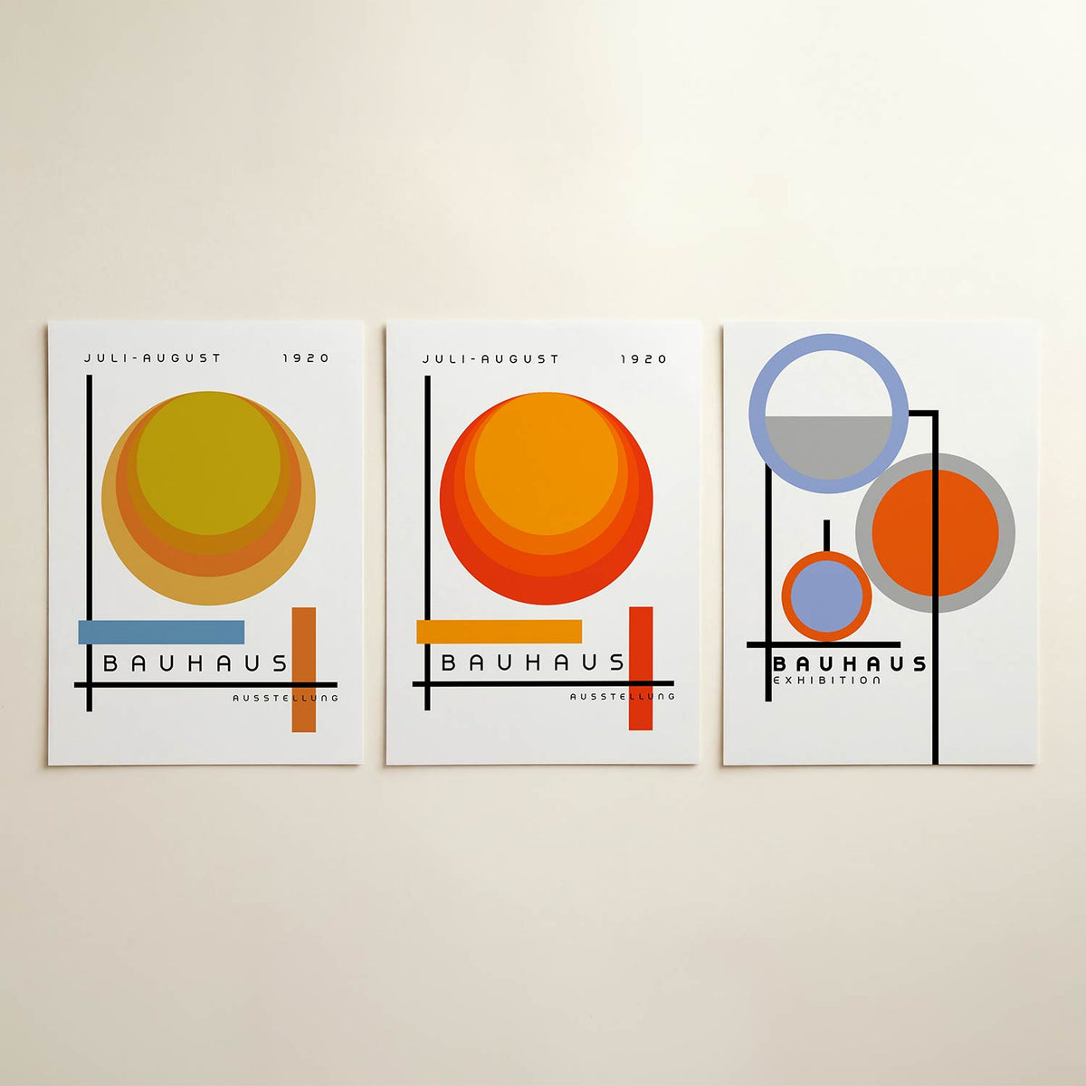 Cirkel en lijnen posterset – detailweergave – deze posterset in drie delen toont een grote gele cirkel met oranje lagen