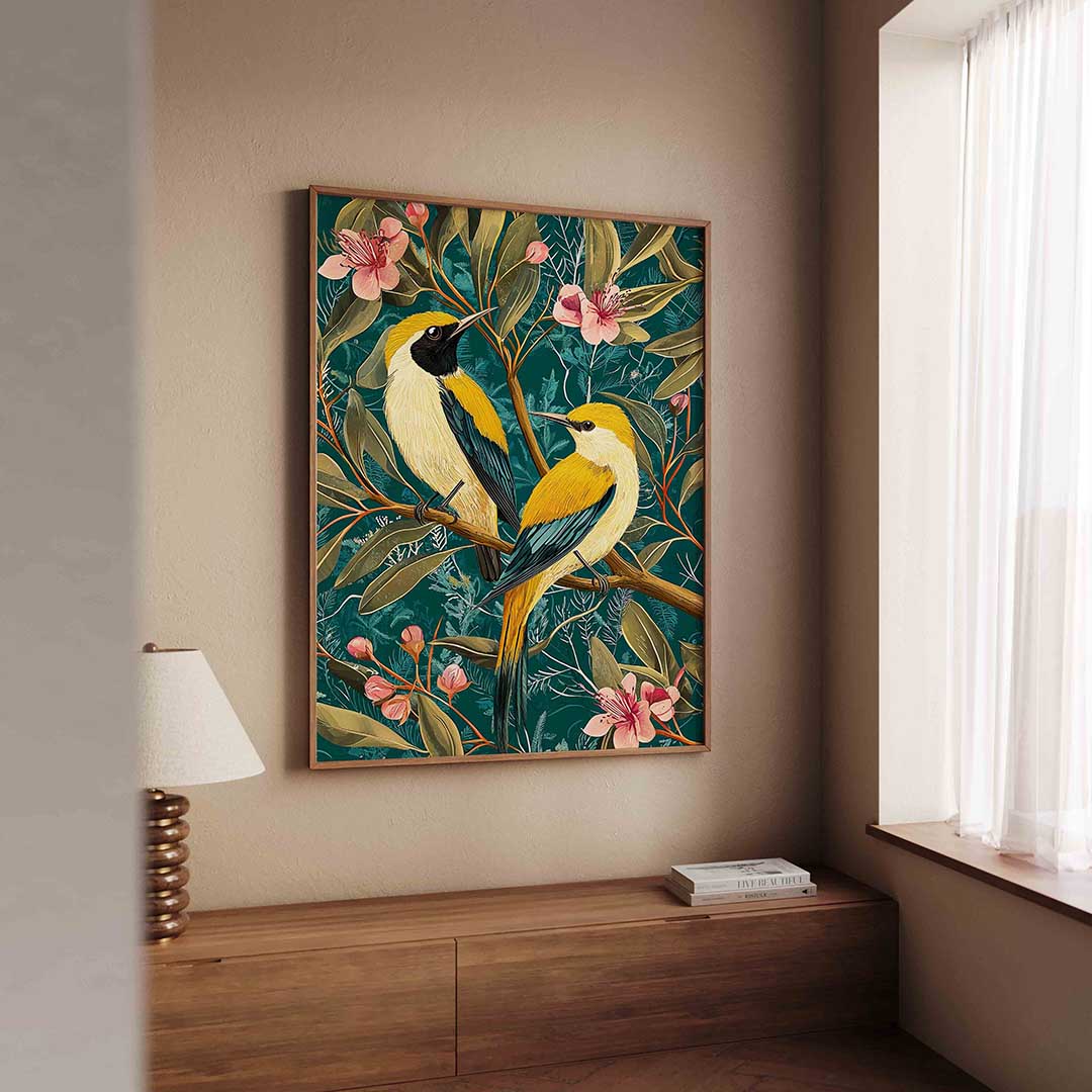 Vogels en bloemen – dierenillustratie als portret poster
