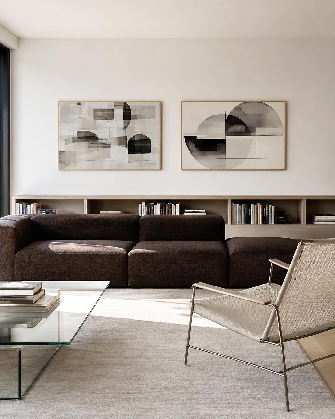 Twee liggende posters met een spel van zachte, overlappende vormen in grijstinten, aan de muur in een interieur