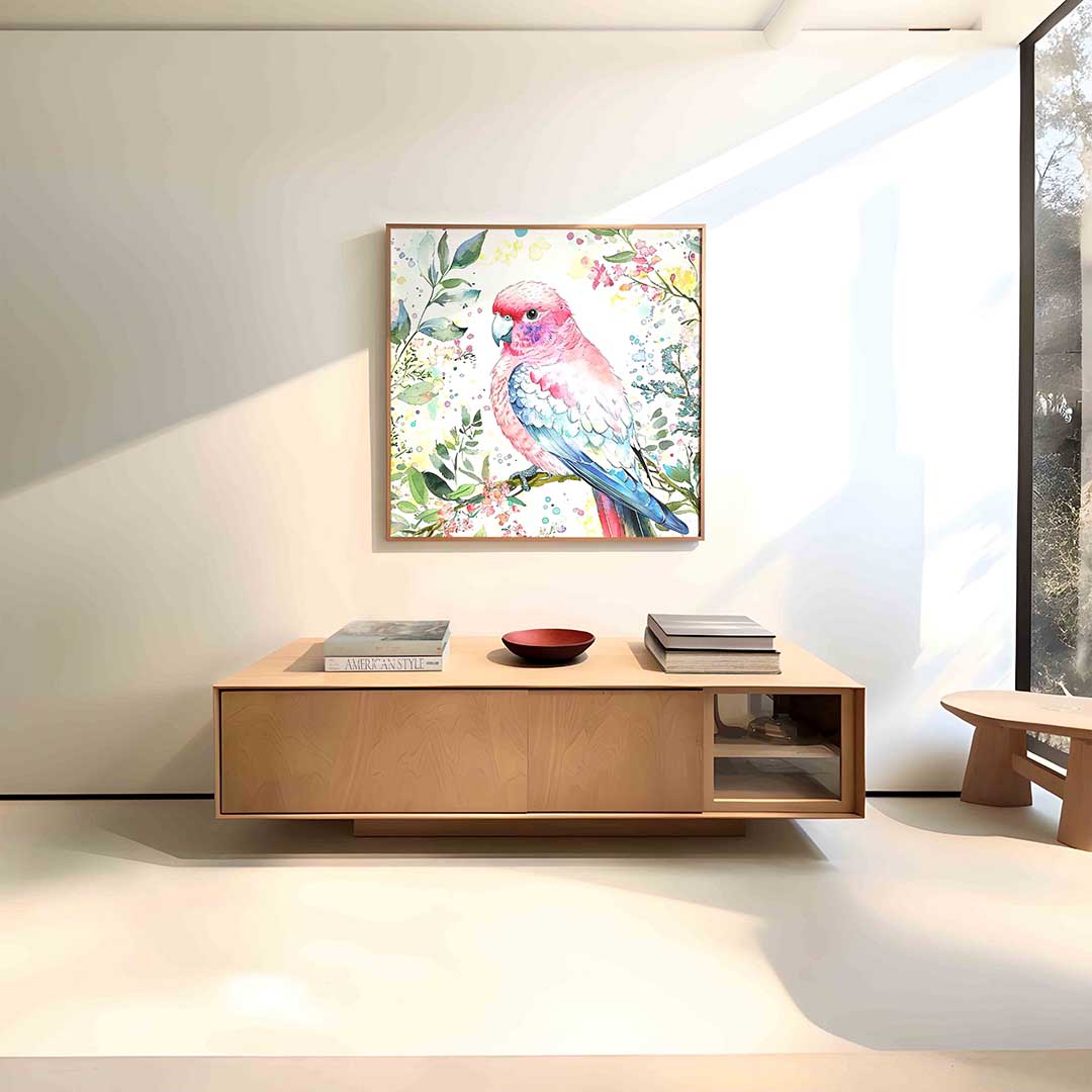 Papegaai en bloemen – vierkante dieren wanddecoratie van WallArtistic