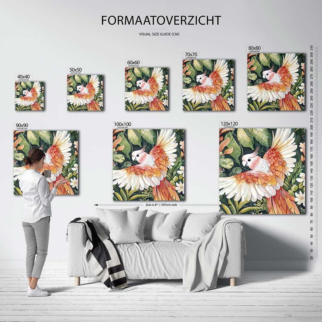 Vliegende papegaai kunstwerk – dit kunstwerk toont een kleurrijke papegaai met uitgestrekte vleugels, omringd door weelderige