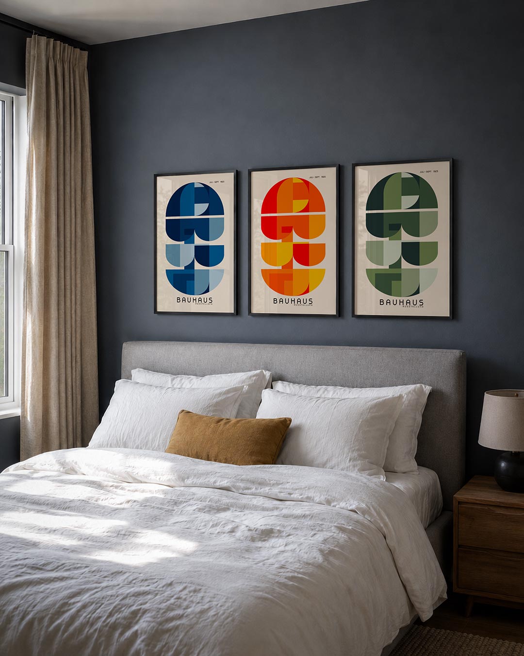 Vorm en kleur posterset – derde productweergave – deze posterset in drie delen toont een spel van blauwe en grijze halve