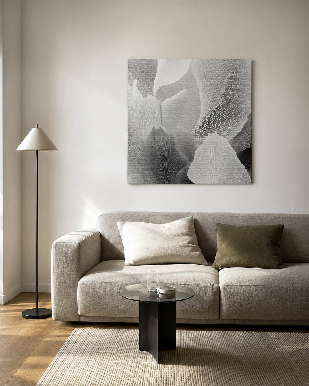 Organische lijnen kunstwerk – vierkante wanddecoratie – dit werk toont vloeiende, overlappende vormen met fijne lijnen. De
