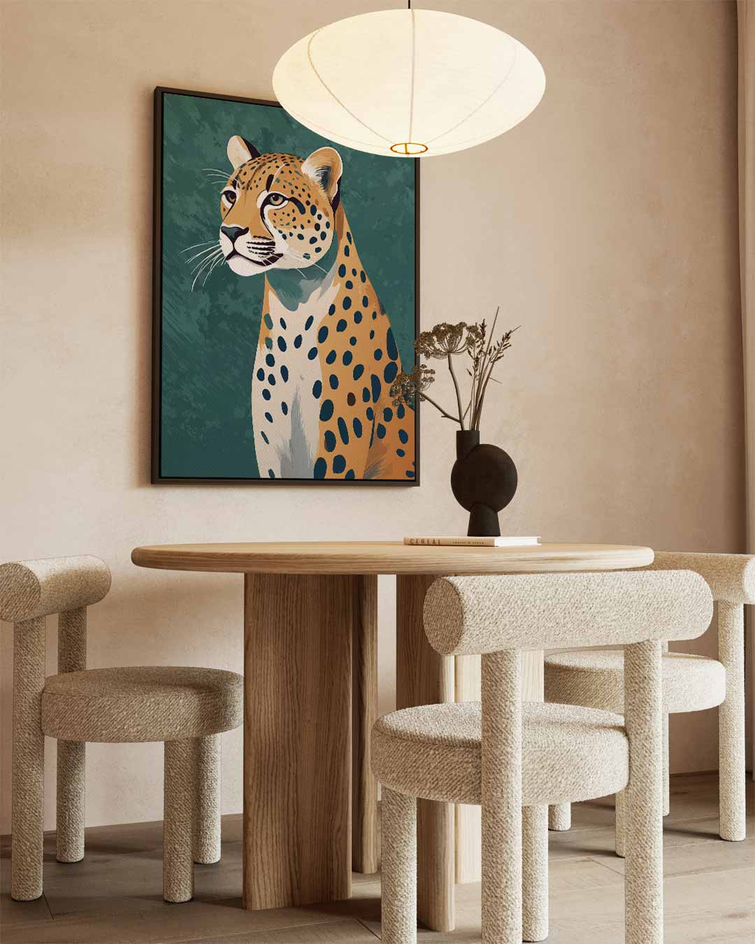 Elegante Jachtluipaard Portret – staand kunstwerk voor modern interieur