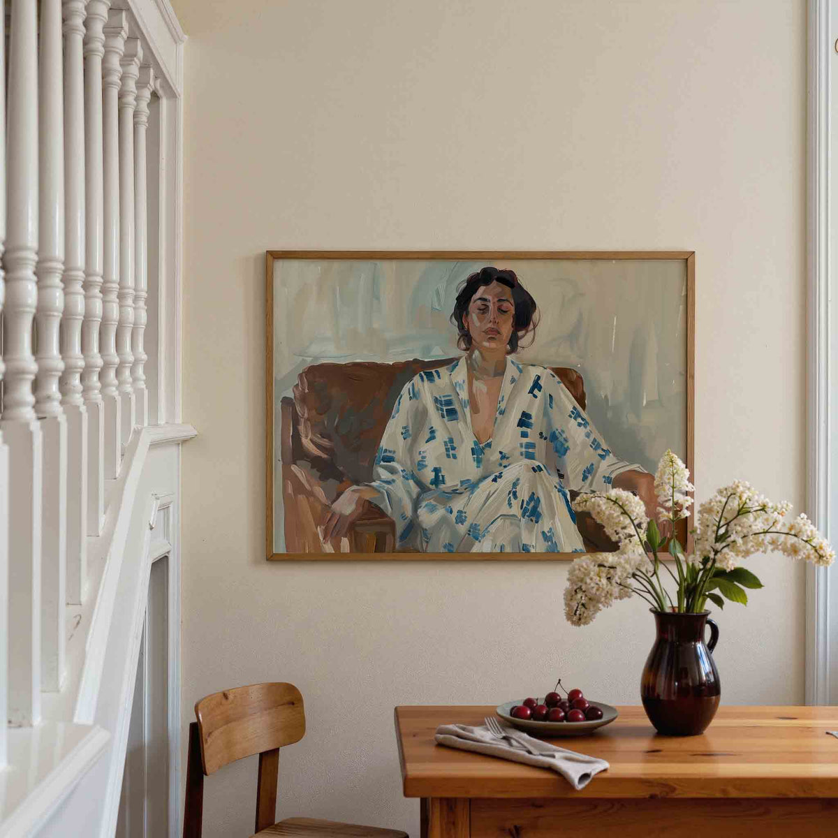 Vrouw in stoel – liggende illustratie poster als wanddecoratie