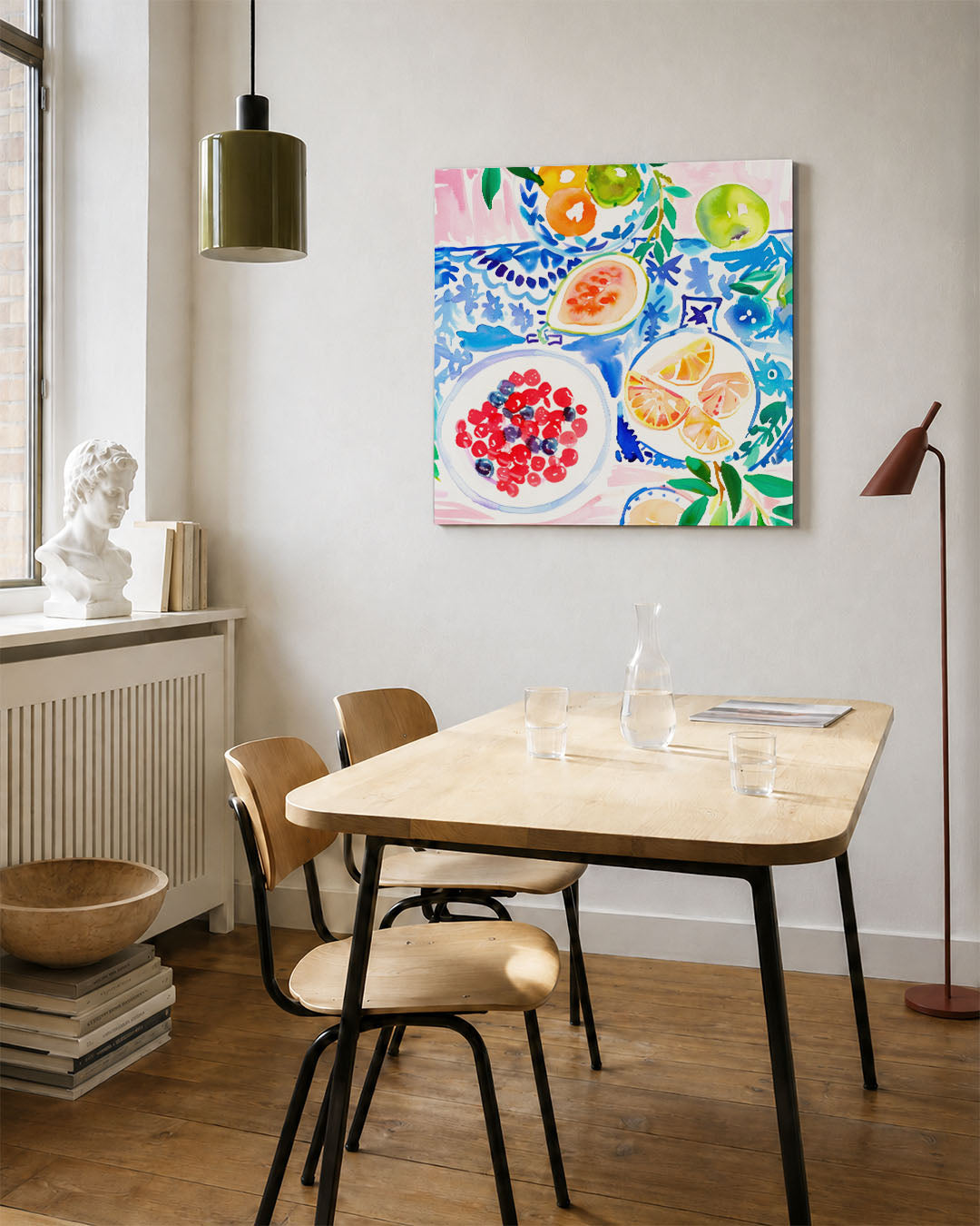 Fruit en patronen kunstwerk – vierkante wanddecoratie – dit werk toont een levendige compositie van fruit en patronen.