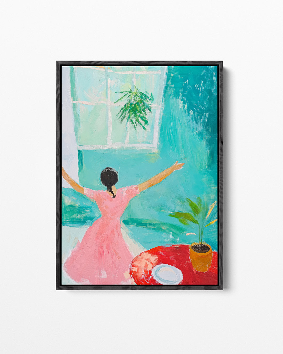 Vrolijke interieur scène – staand wanddecoratie kunstwerk