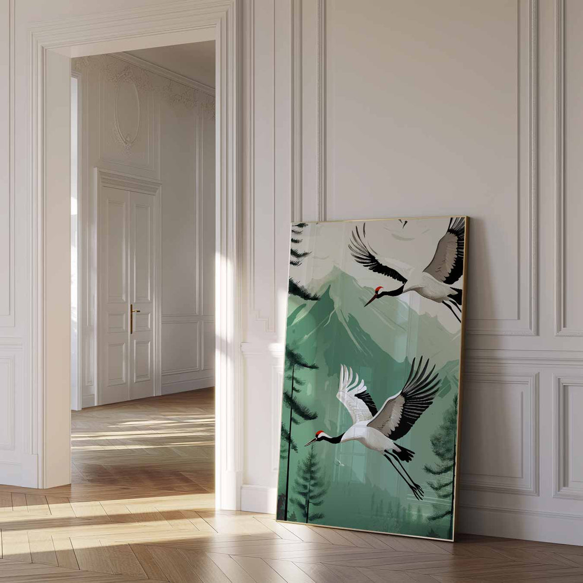 Vliegende Kraanvogels – dierenposter als moderne staande wanddecoratie