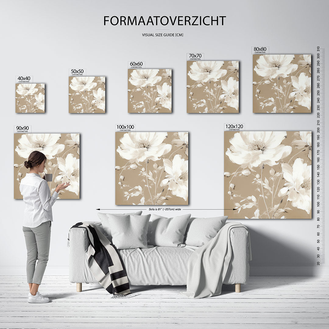 Bloemrijke elegantie kunstwerk – sfeerbeeld – dit kunstwerk toont delicate bloemen in zachte tinten, met vloeiende lijnen en