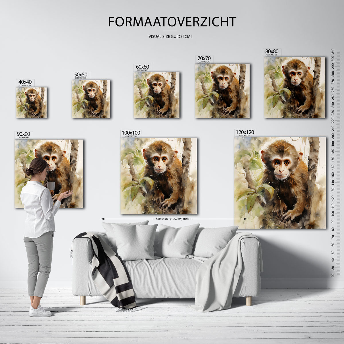Jonge aap in boom – vierkante jungle wanddecoratie van WallArtistic