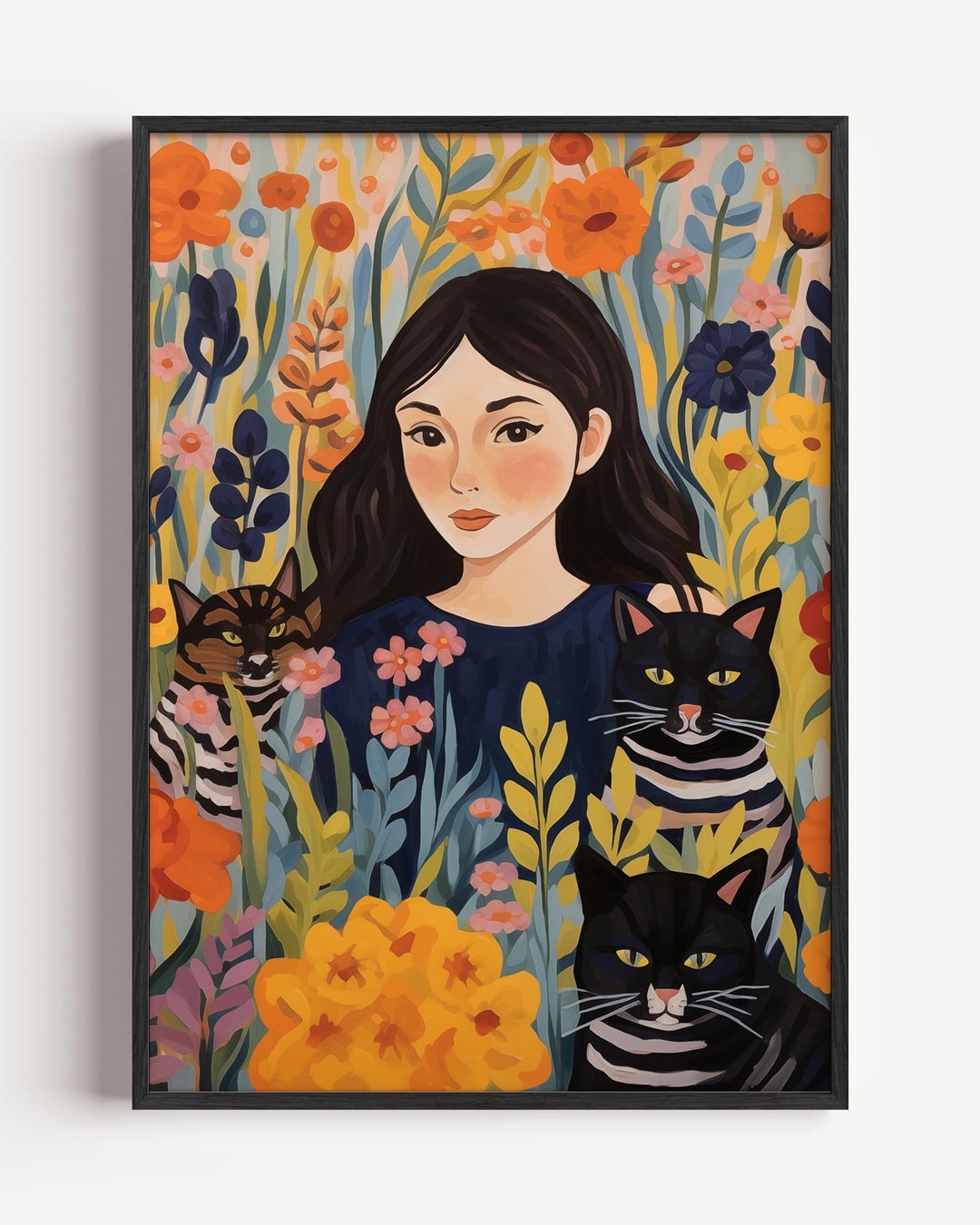 Bloemenpracht met Vrouw en Katten – vrouwelijk portret poster als wanddecoratie