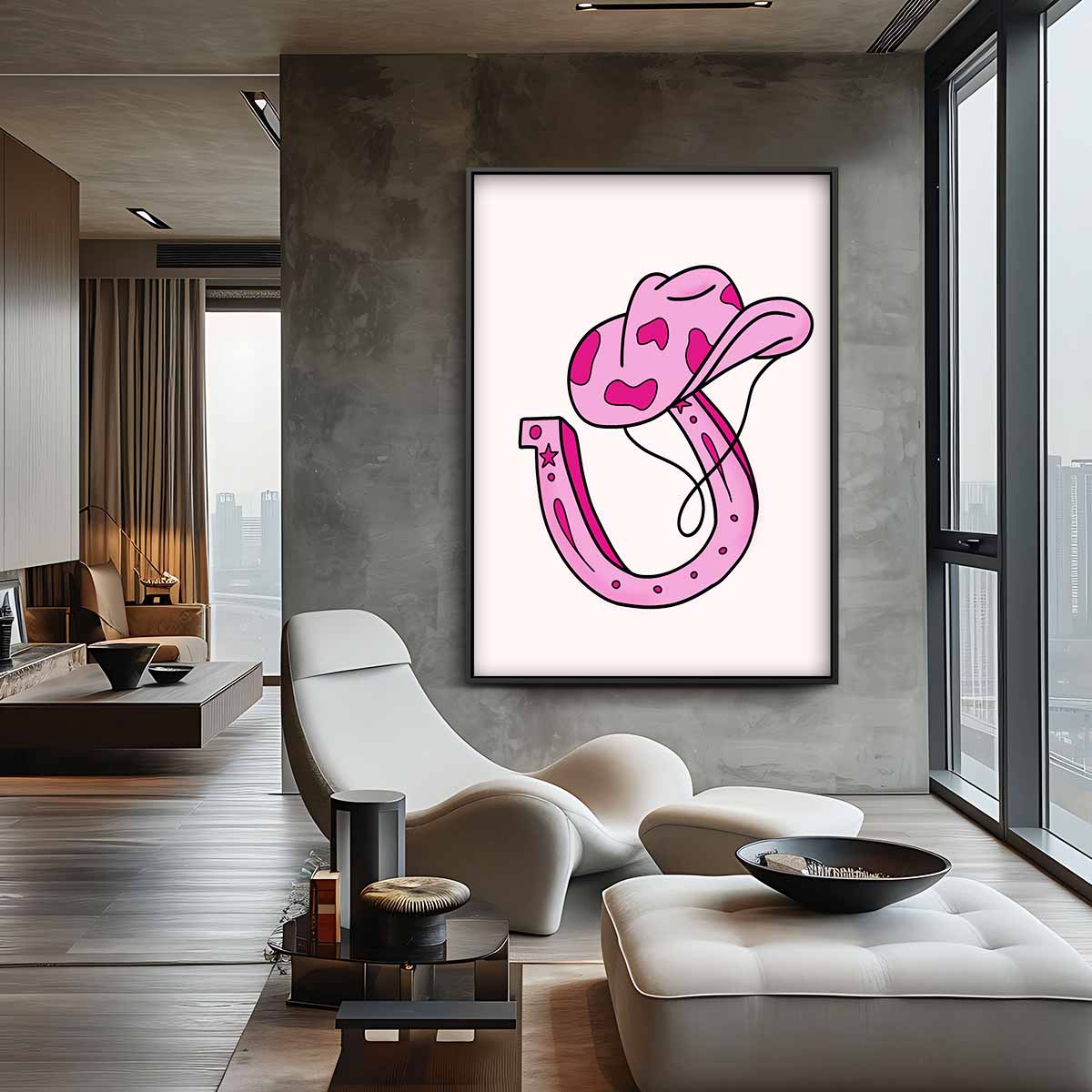 Roze Cowboyhoed en Hoefijzer Illustratie – staand kunstwerk voor modern interieur