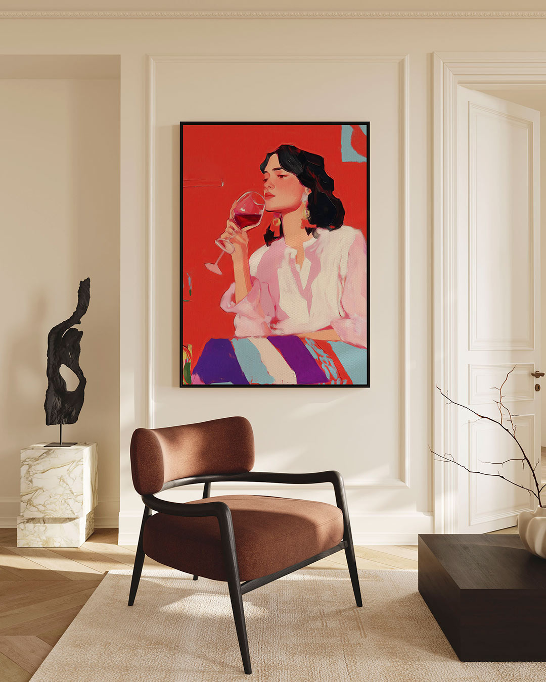 Vrouw met wijnglas – staande wanddecoratie