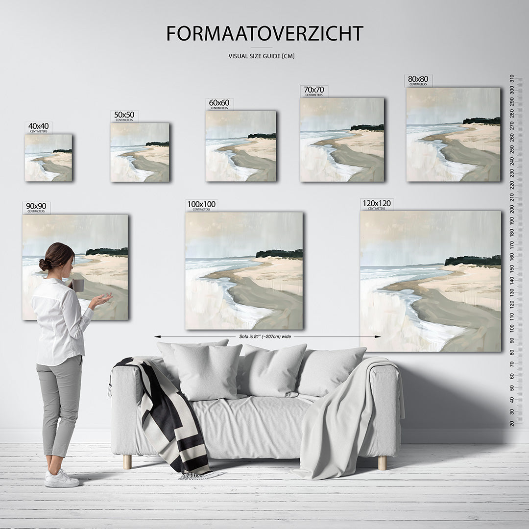 Rustige kustlijn kunstwerk – materiaalweergave – dit werk toont een serene kustlijn met zachte overgangen tussen zand en zee.