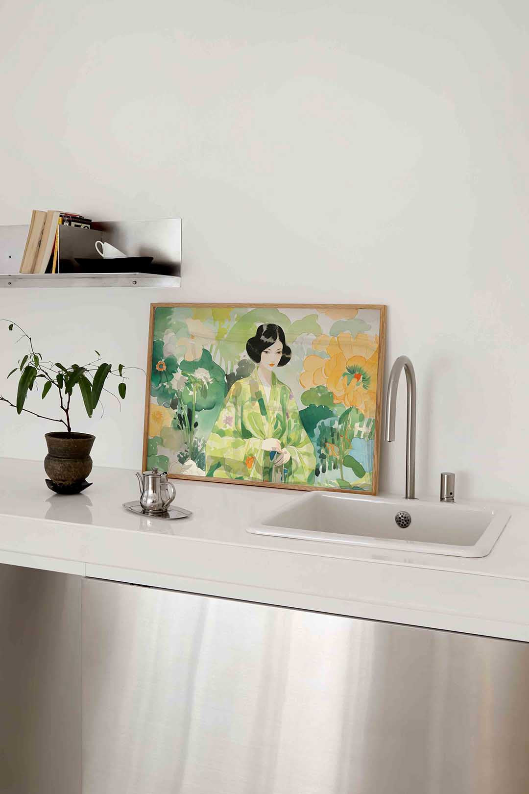 Vrouw in groene kimono – keukenposter in liggend formaat