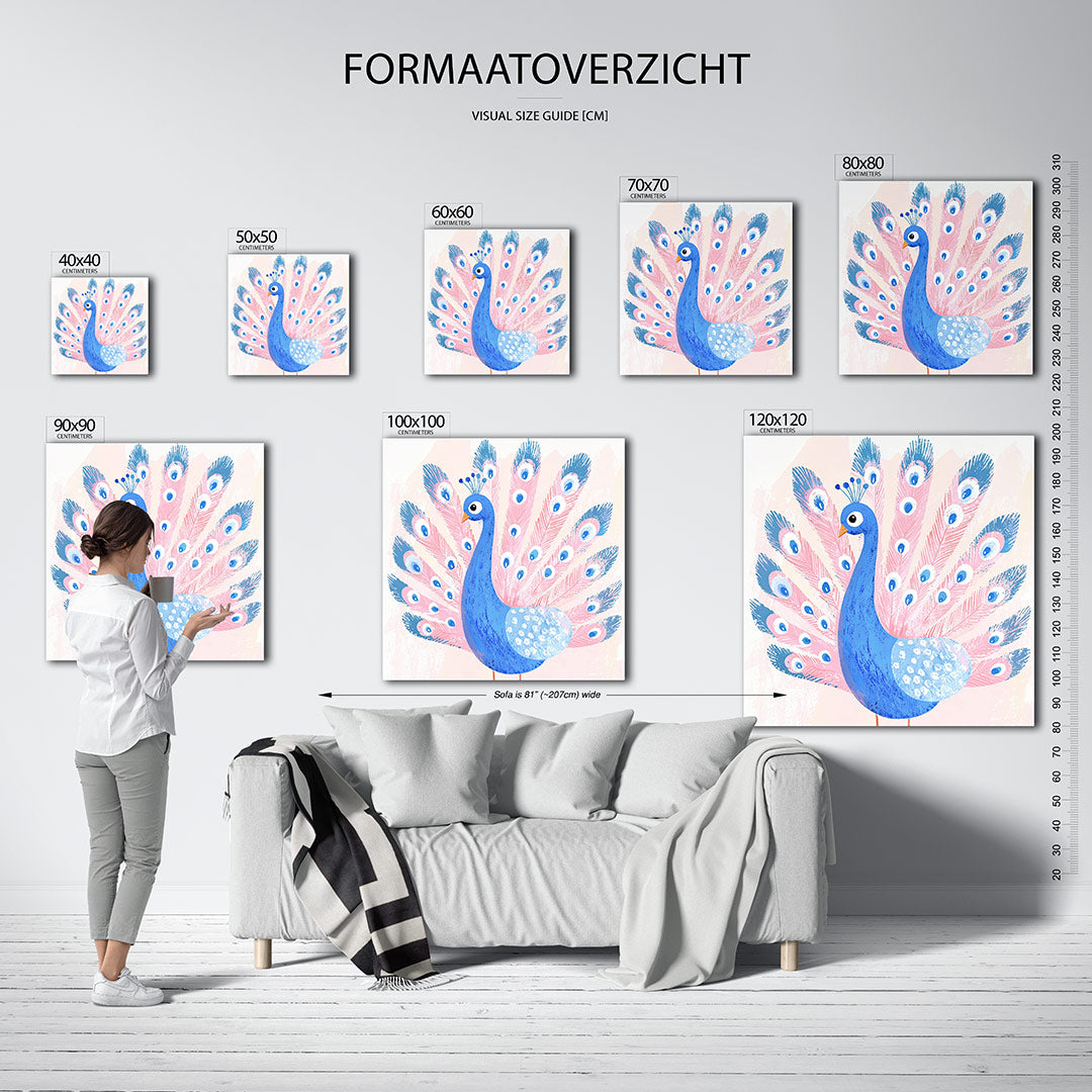Vrolijke pauw illustratie kunstwerk – dit kunstwerk toont een kleurrijke pauw met een blauwe en roze verentooi. De speelse