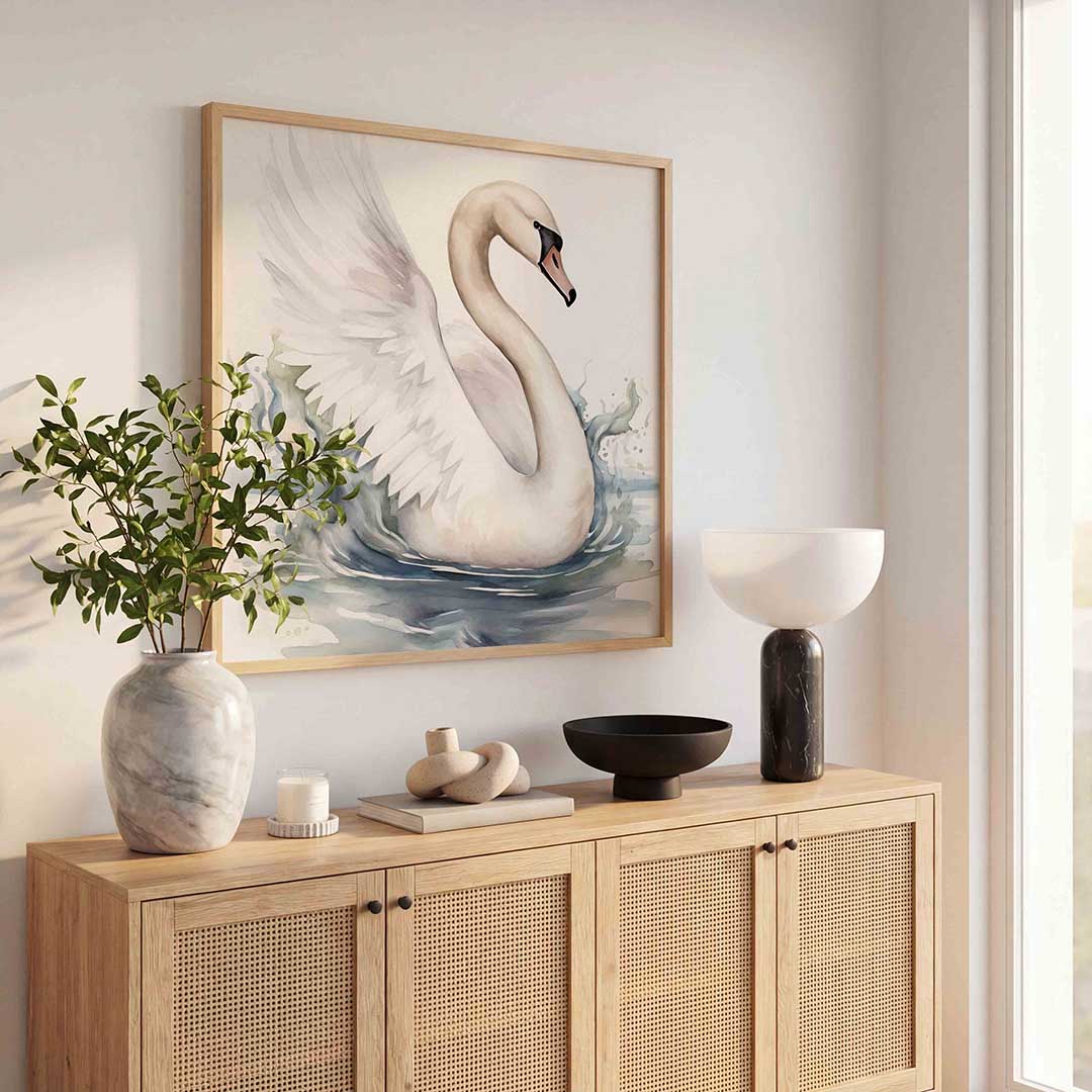 Zwaan op water – dierenillustratie als vierkante poster