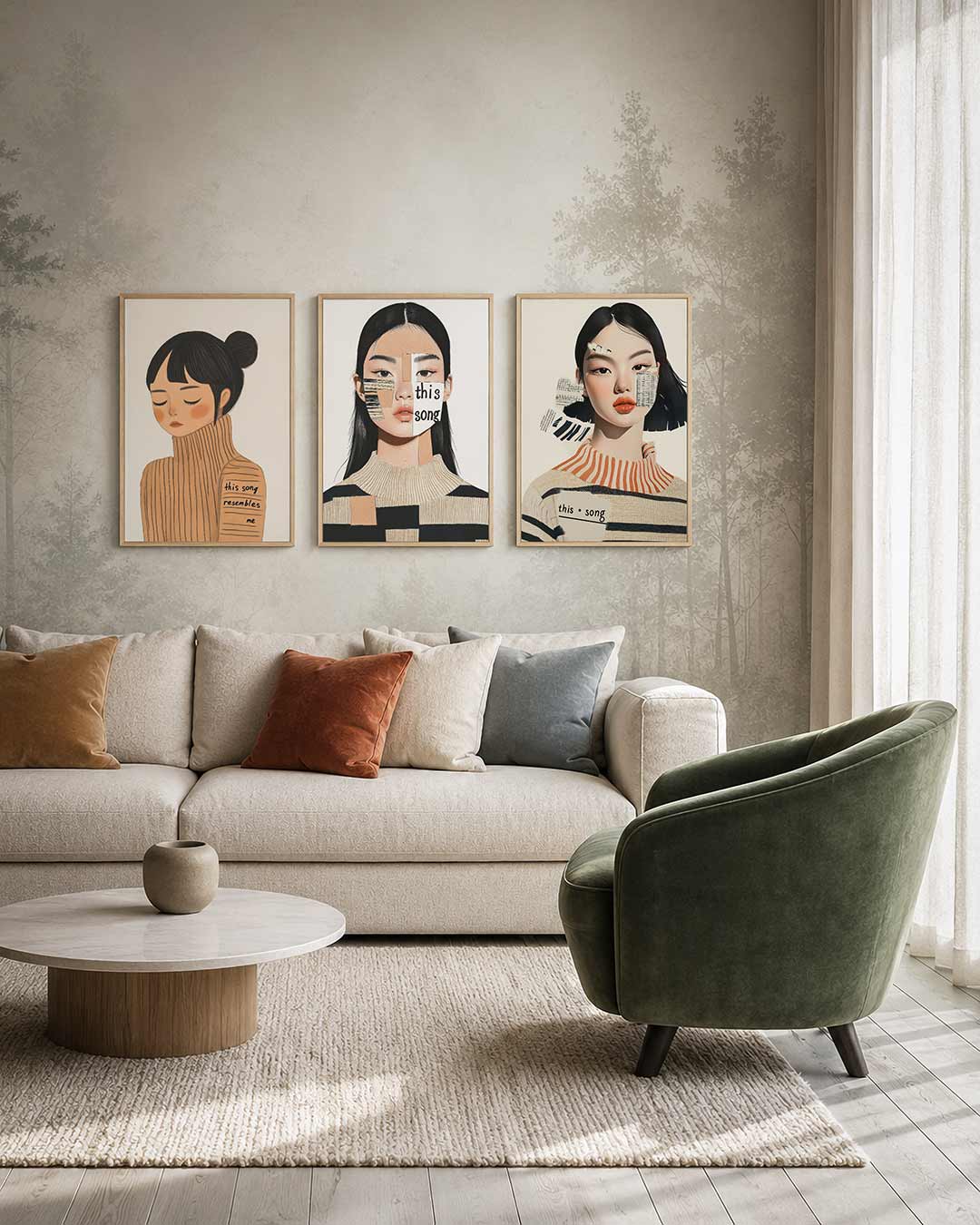 Zachte lijnenspel driedelige posterset – deze posterset toont een serene figuur met gesloten ogen,