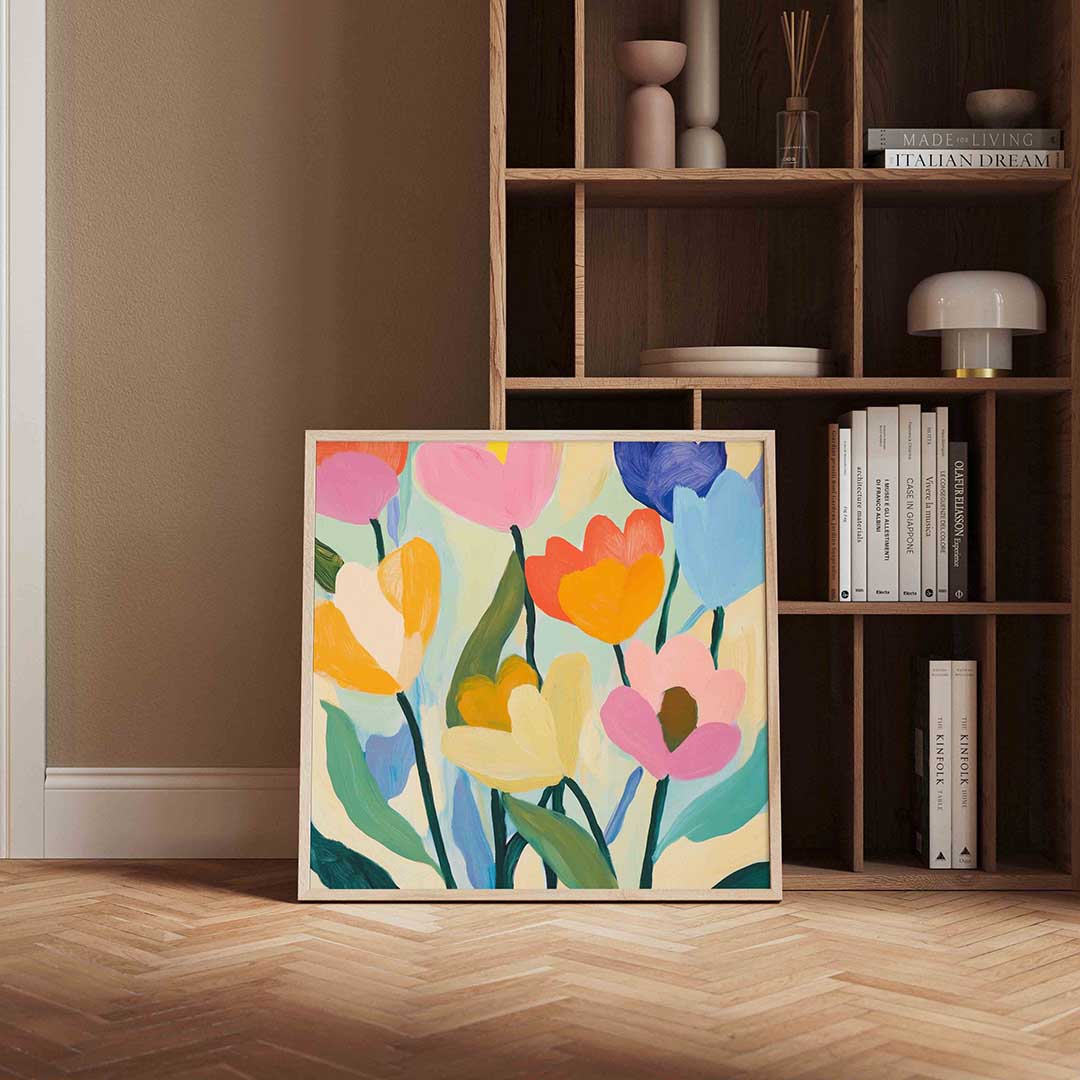 Bloemen in levendige kleuren – moderne poster in vierkant formaat
