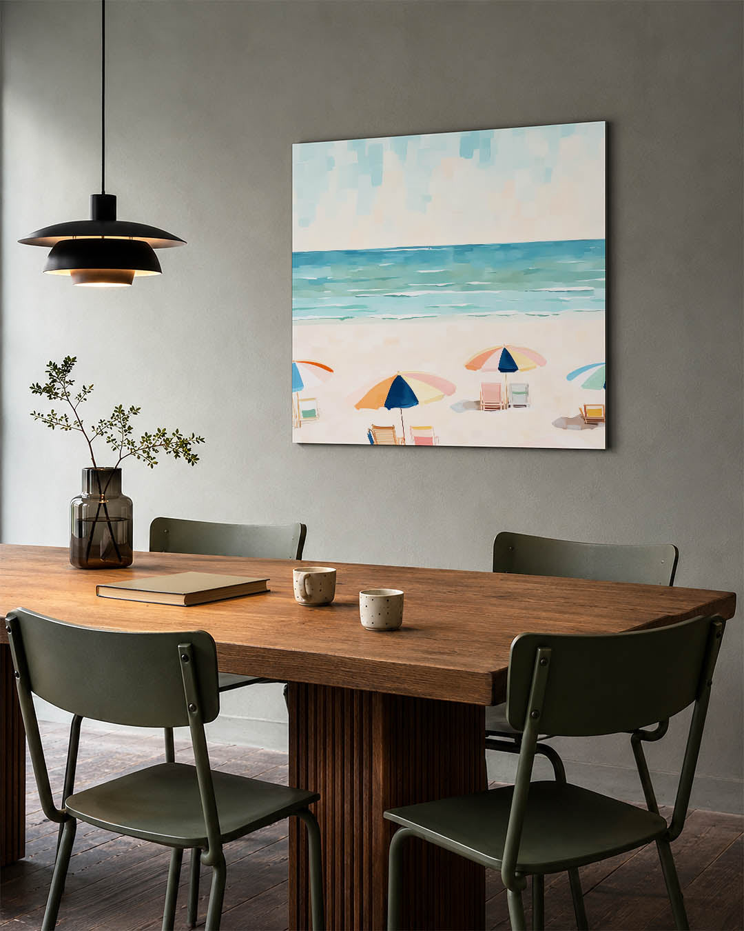 Zomerse strandscène kunstwerk – tweede productweergave – dit werk toont een strandscène met kleurrijke parasols en een kalme