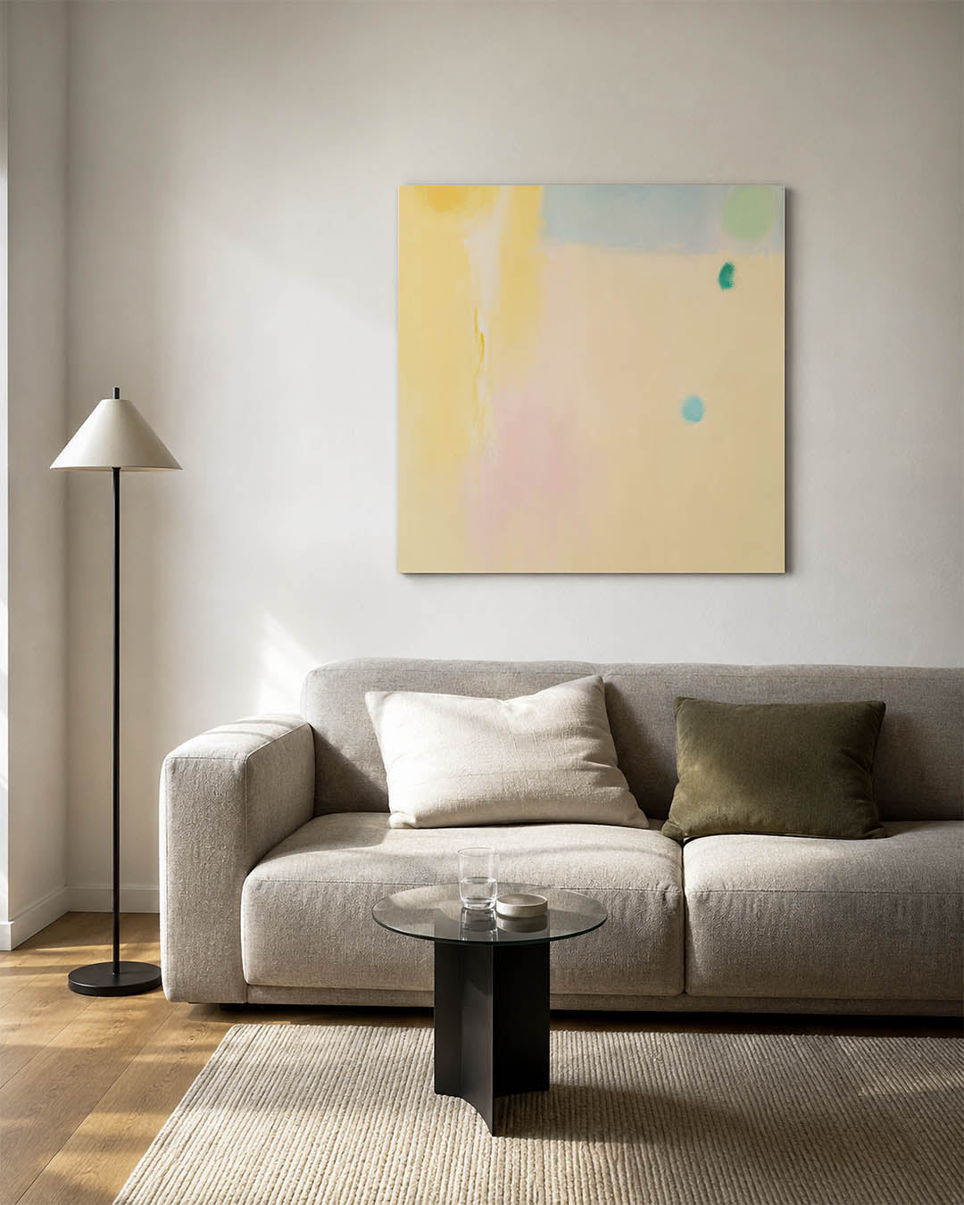 Zachte kleurencompositie kunstwerk – vierkante wanddecoratie – dit werk toont een vloeiende mix van zachte kleuren met