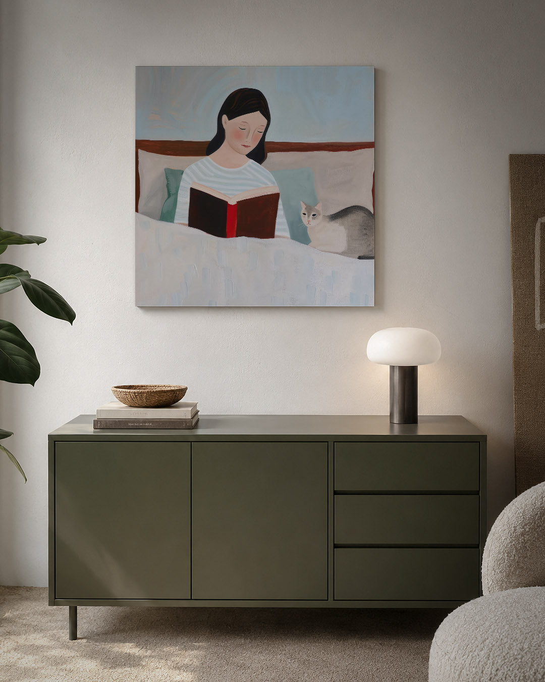 Rustige leesscène kunstwerk – detailweergave – dit kunstwerk toont een serene scène van een vrouw die leest in bed, vergezeld