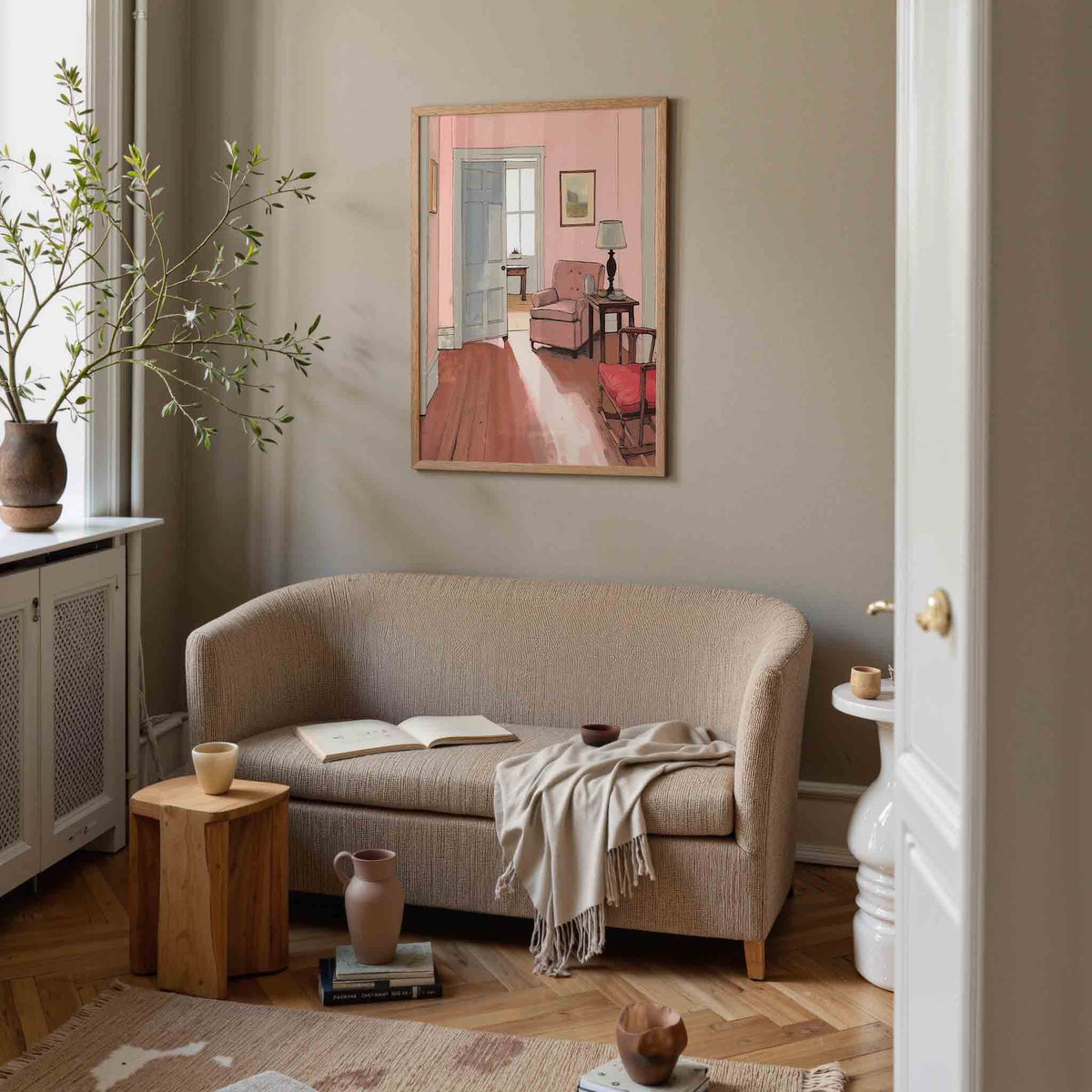 Interieur met roze muren – botanische poster in staand formaat