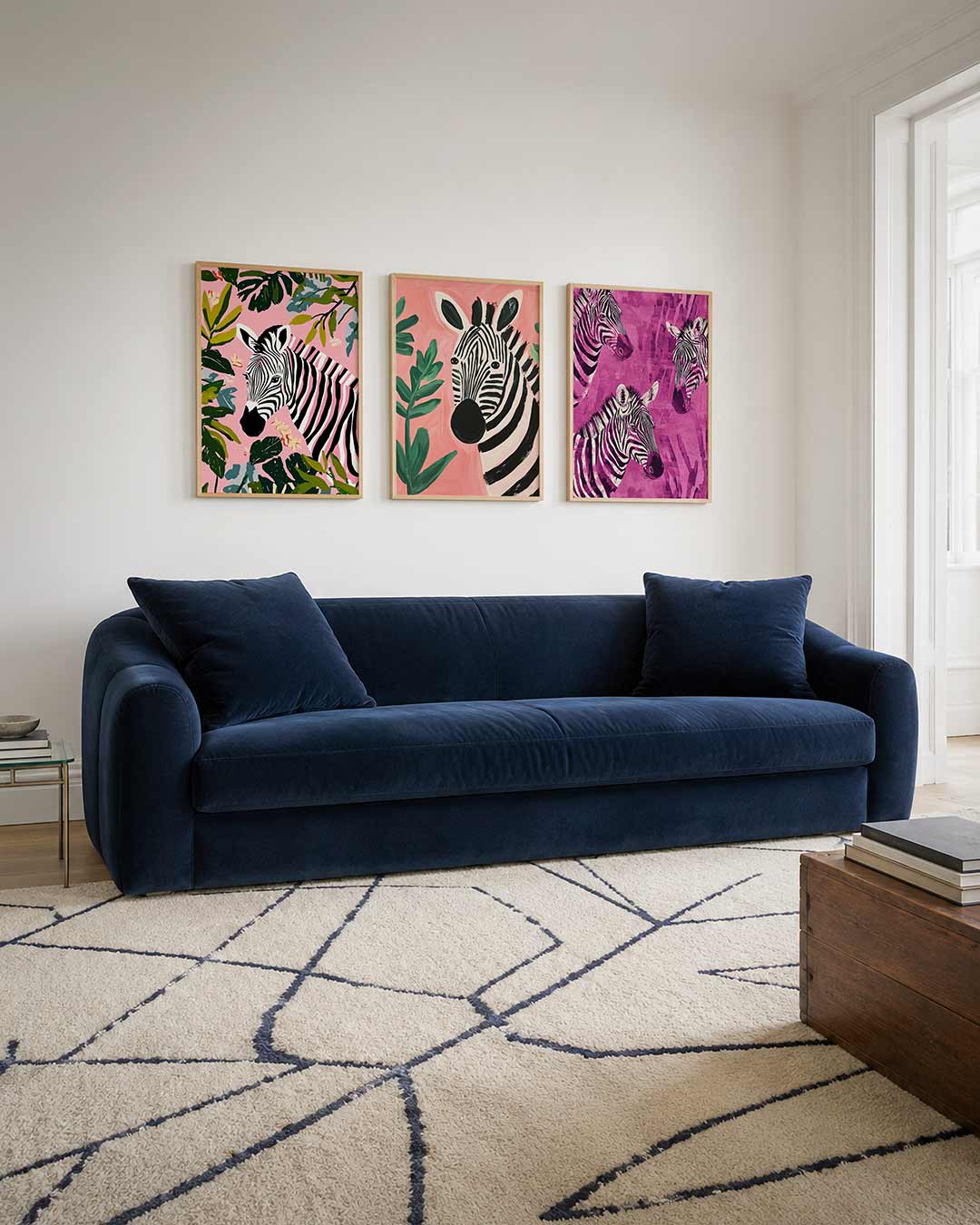 Zebra en bladeren driedelige posterset – een zebra met zwart-witte strepen omringd door groene