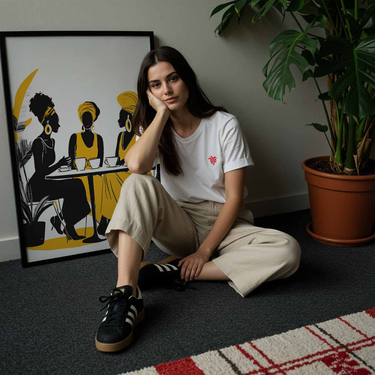 Stijlvolle Vrouwen aan de Koffietafel – zomerse poster in staand formaat
