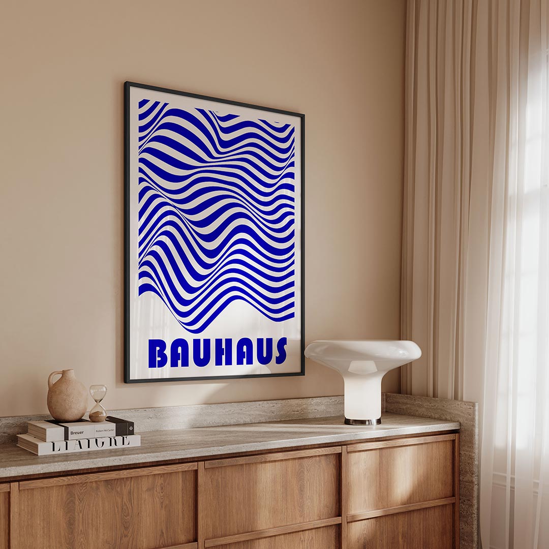Golvend lijnenspel – geometrische Bauhaus poster in staand formaat