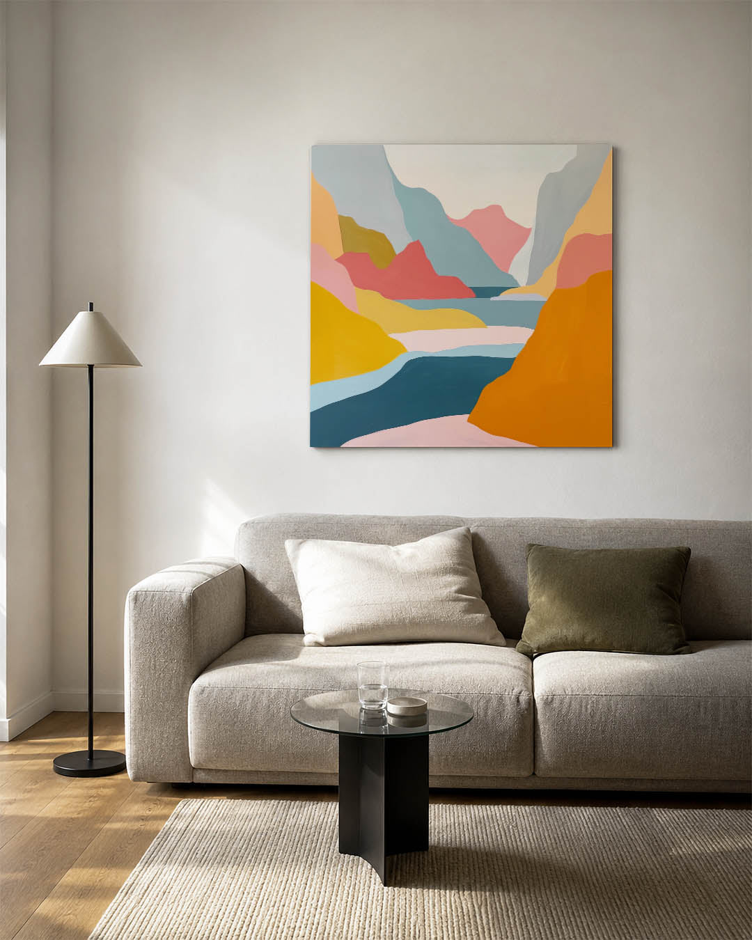 Kleurrijke berglandschap kunstwerk – vierkante wanddecoratie – dit werk toont een levendig berglandschap met vloeiende lijnen