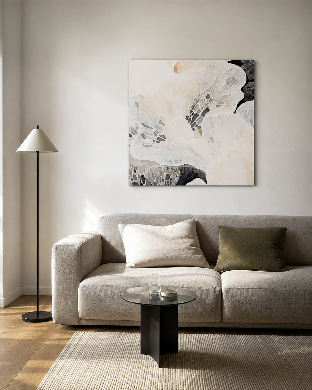 Organische vormen kunstwerk – vierkante wanddecoratie – dit werk toont vloeiende, overlappende vormen in zachte tinten. De