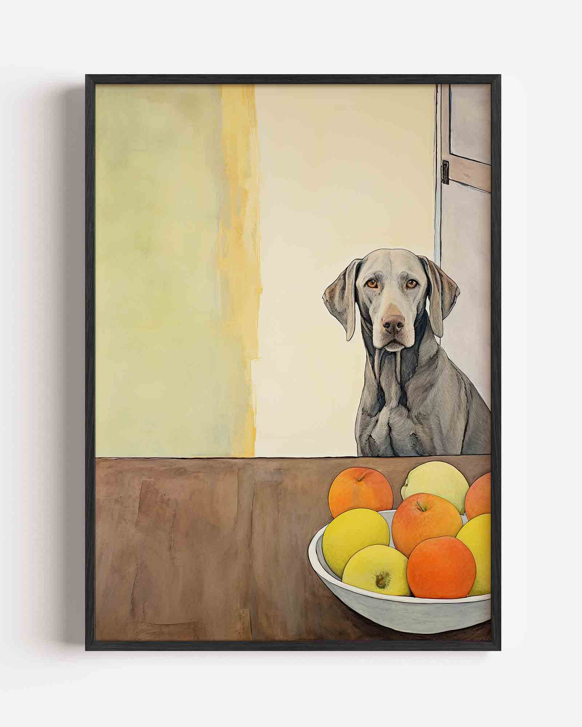 Hond en fruit op tafel – kleurrijke illustratie portret poster als wanddecoratie