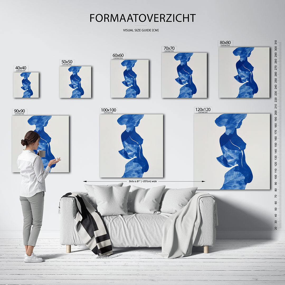 Blauwe silhouet kunstwerk – materiaalweergave – dit werk toont een silhouet in blauw op een witte achtergrond. De vloeiende
