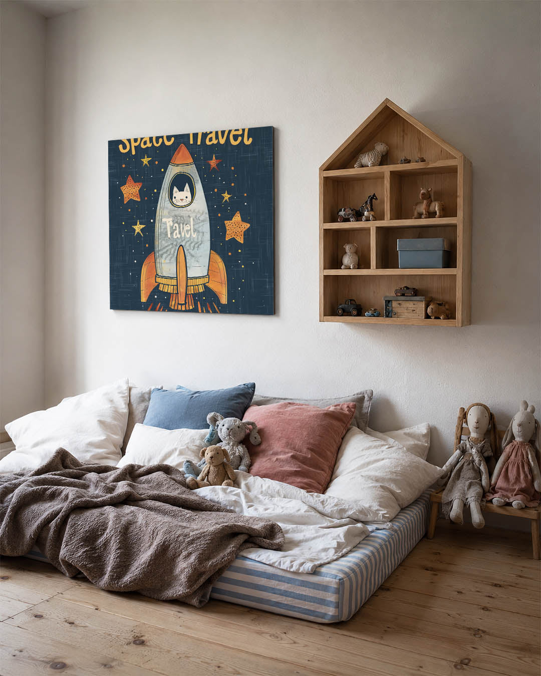 Speelse ruimtereis kunstwerk – derde productweergave – dit kunstwerk toont een speelse raket met een kat aan boord, omringd