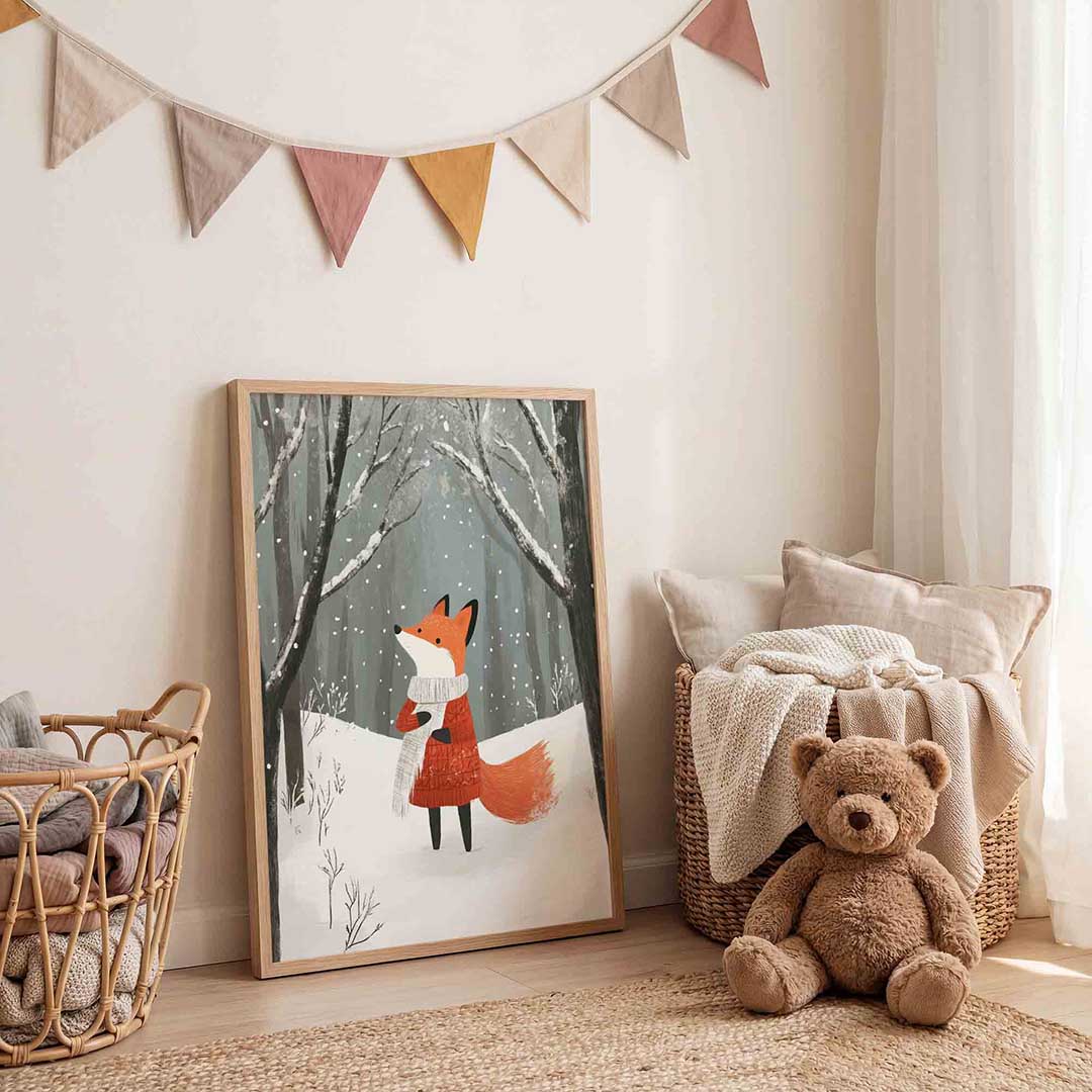 Vos in winterlandschap – speelse wandkunst als portret kinderposter
