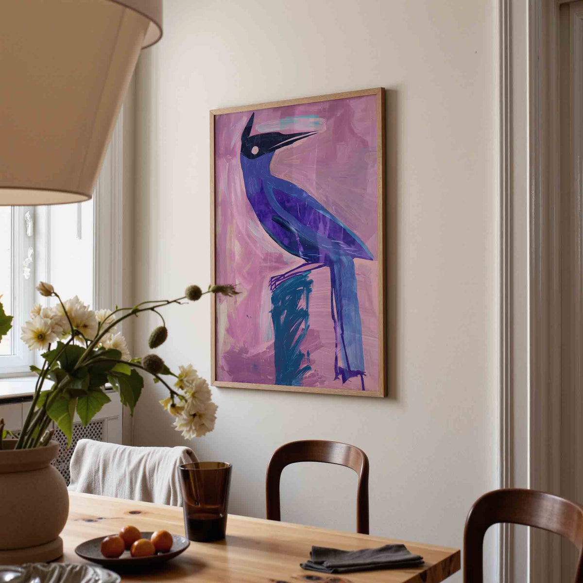 Vogel in paars en roze – kunst en design poster in portret formaat