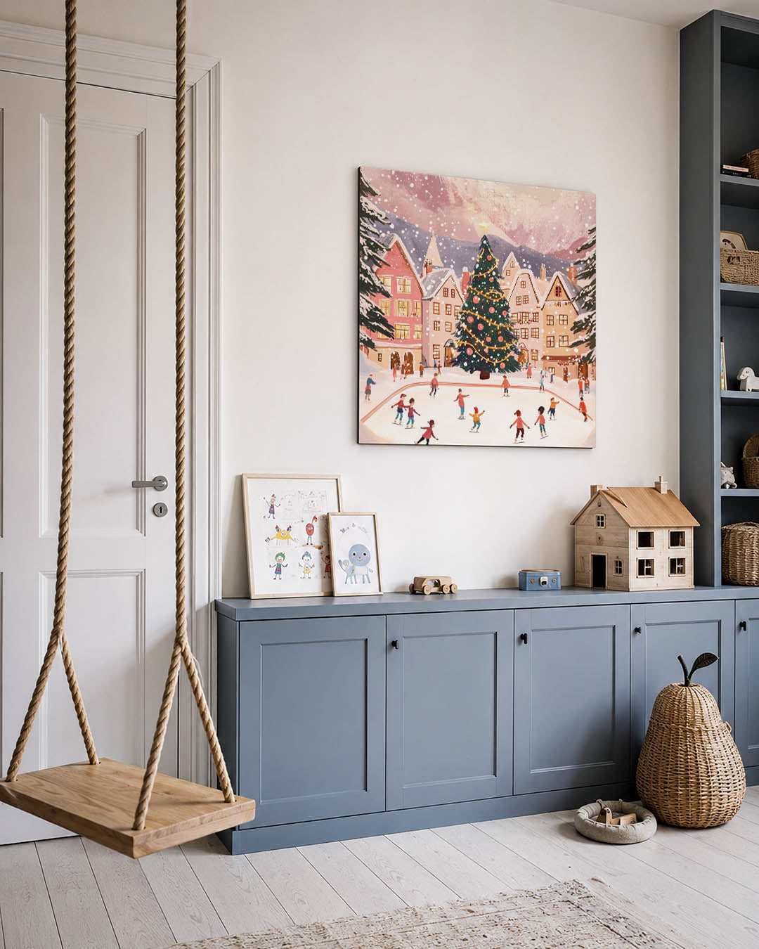 Winterse ijsbaanscène kunstwerk – vierkante wanddecoratie – een sfeervol plein met een grote kerstboom en schaatsende mensen.