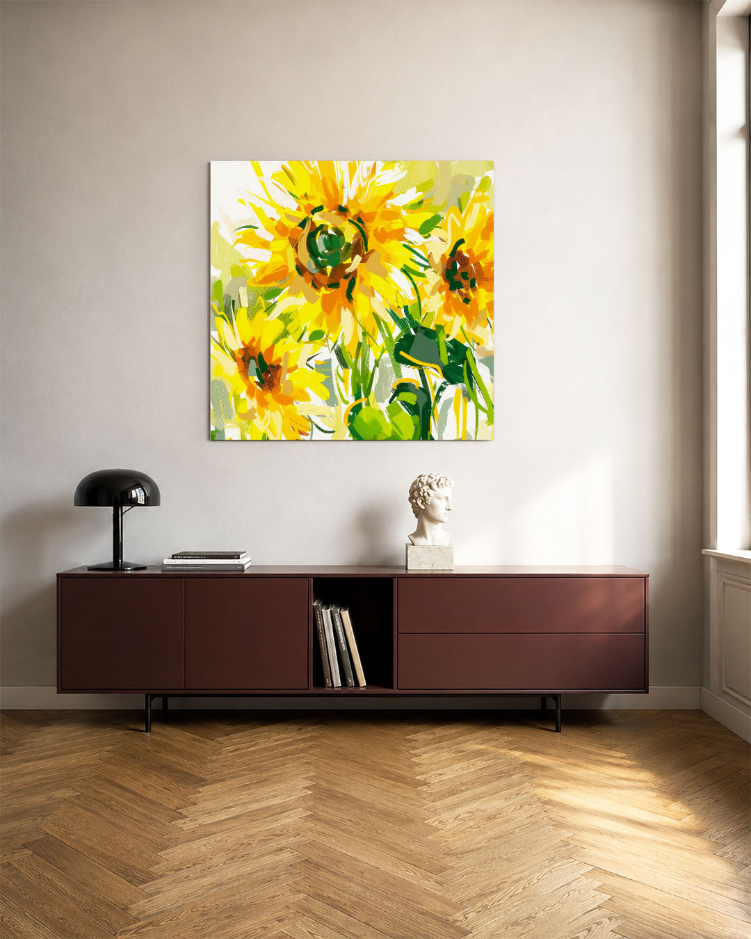Zonnebloemen kunstwerk – tweede productweergave – dit werk toont levendige zonnebloemen met dynamische penseelstreken. De