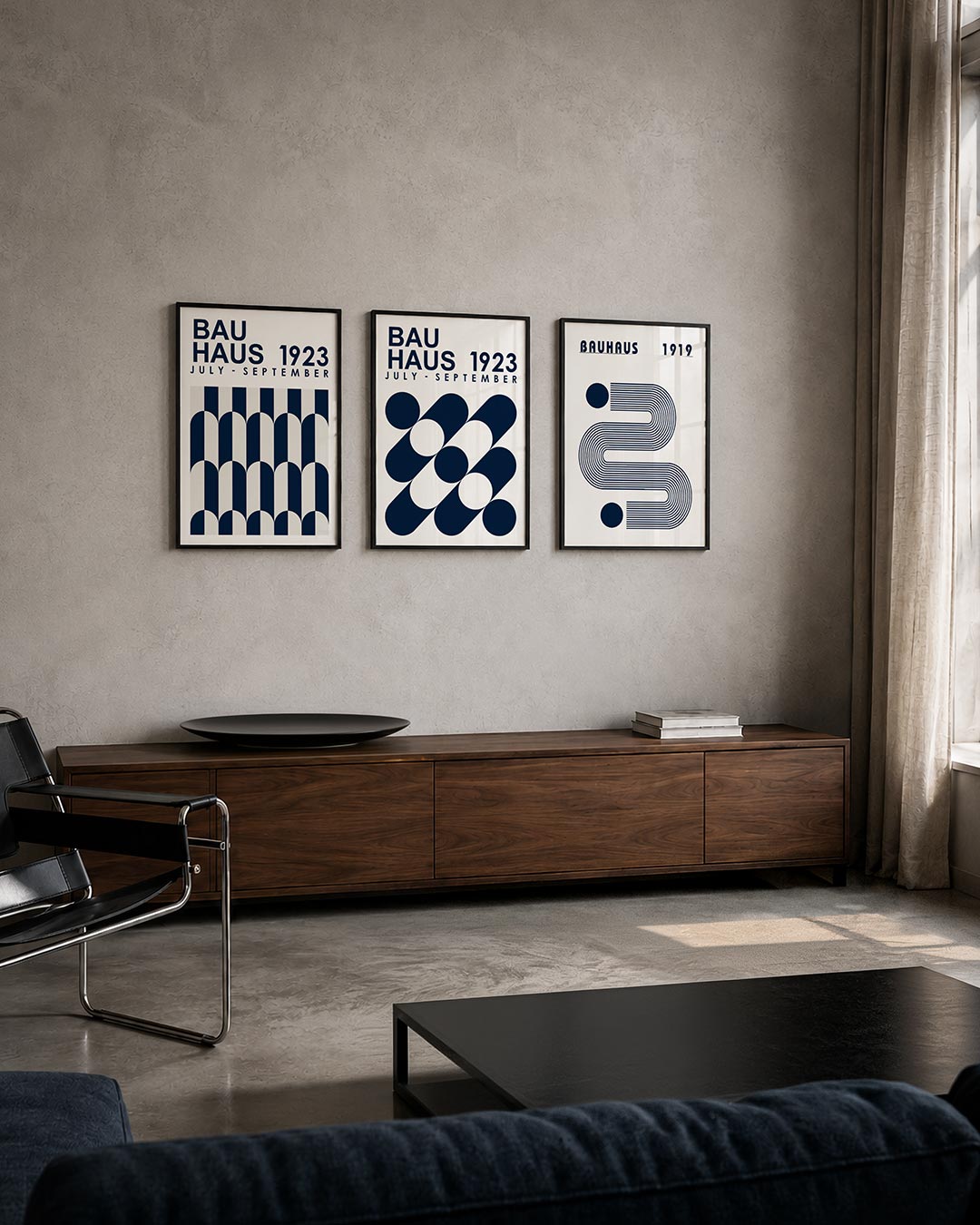 Vorm en ritme posterset – tweede productweergave – deze posterset in drie delen toont een spel van donkerblauwe en witte