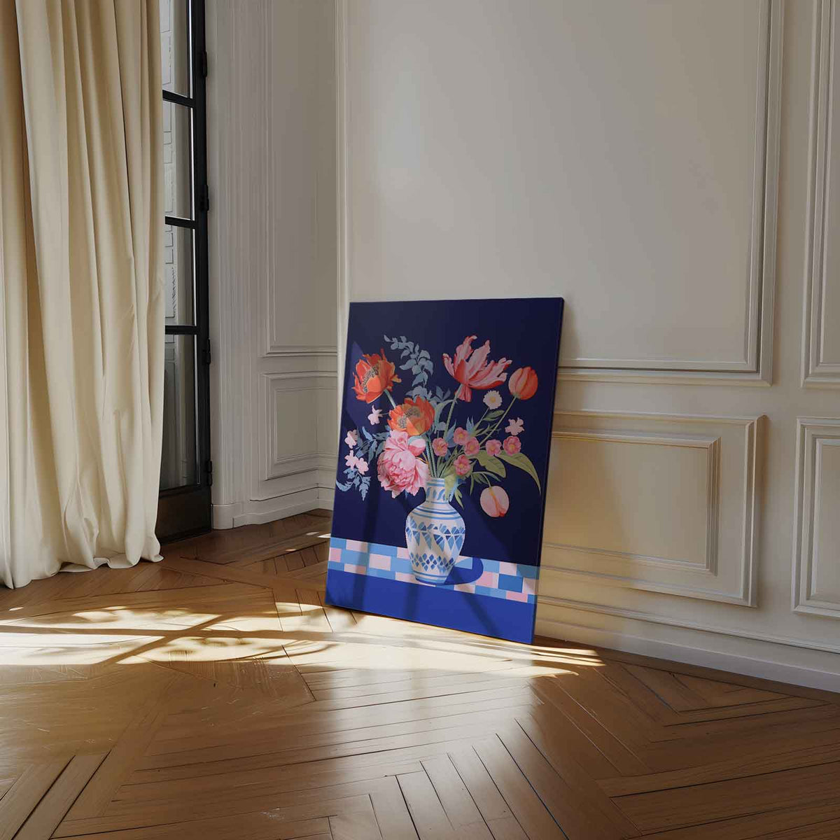 Bloemenpracht in Blauwe Vaas – staand kunstwerk voor modern interieur