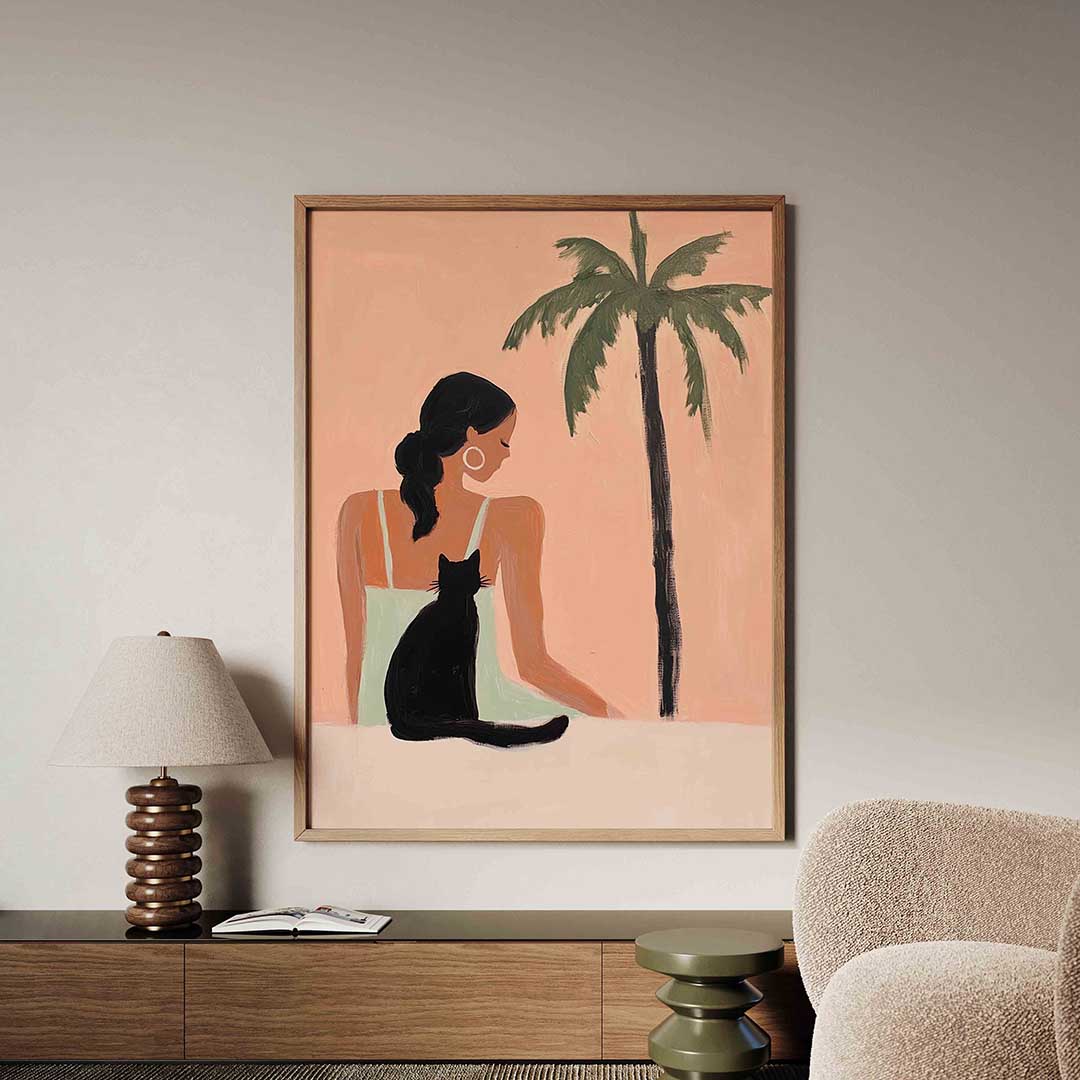 Vrouw met kat en palmboom – tropische jungle poster in staand formaat