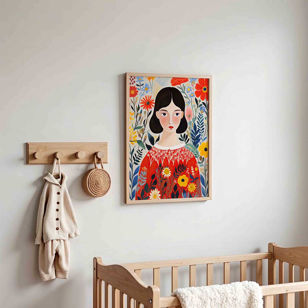 Vrouw met bloemen – kinderposter in staand formaat