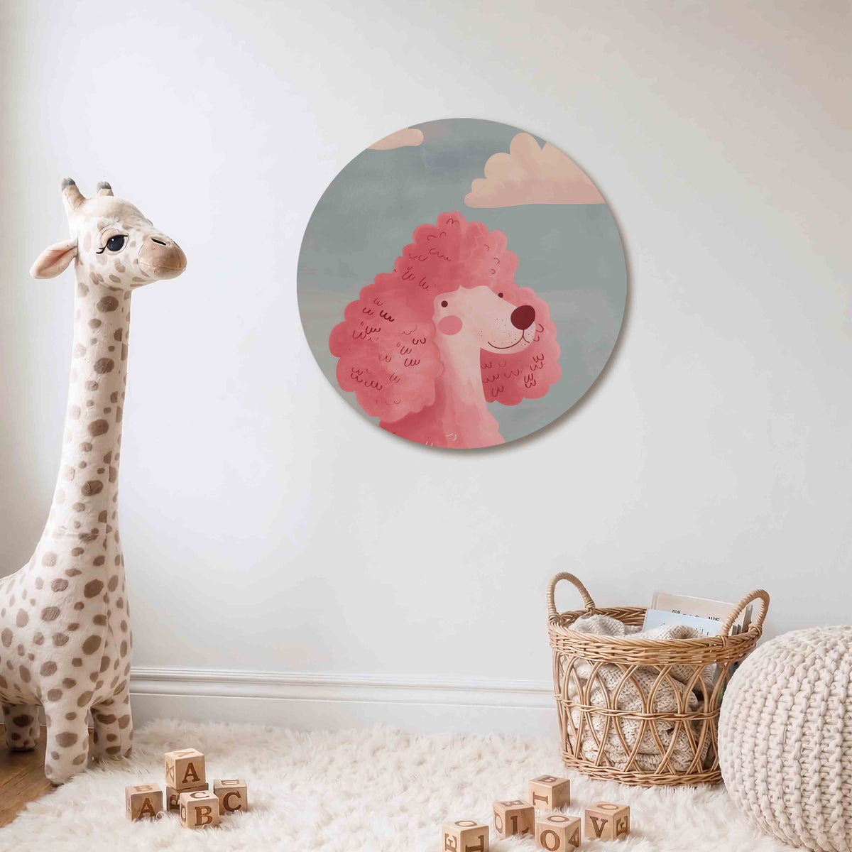 Roze poedel met wolken Muurcirkel – Een roze poedel met krullend haar tegen een lichtblauwe achtergrond met witte wolken.