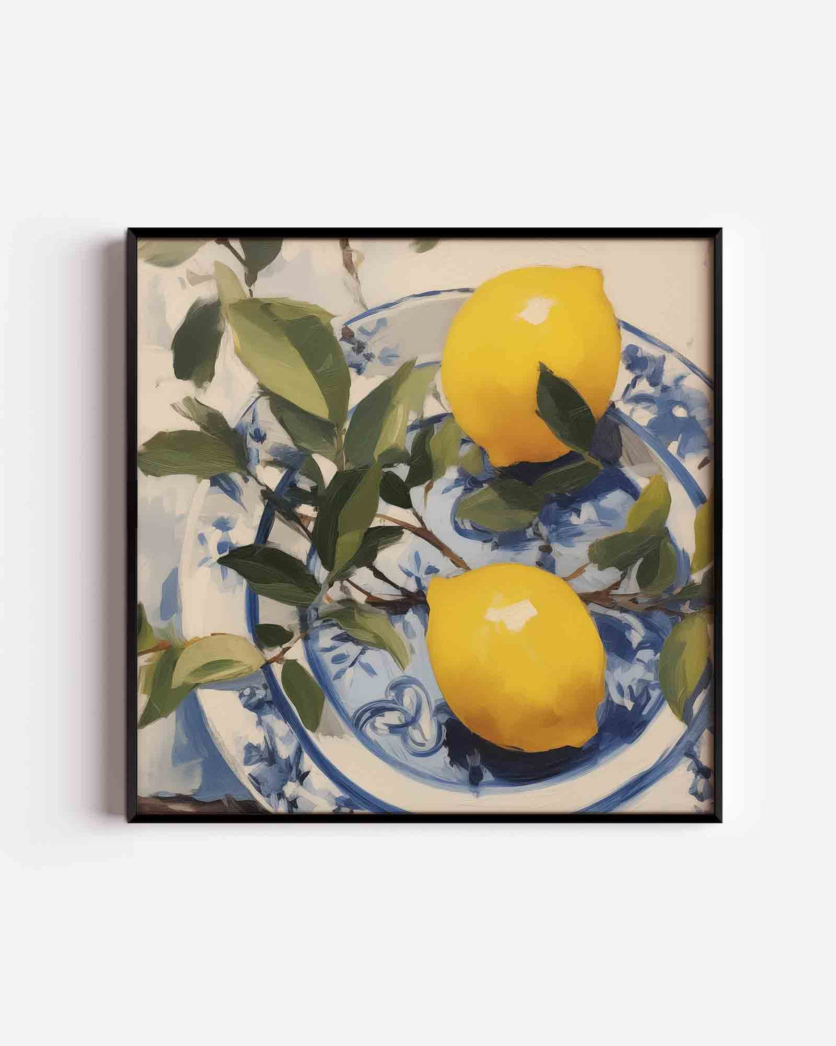 Citroenen op blauw wit bord – keuken vierkante poster als wanddecoratie