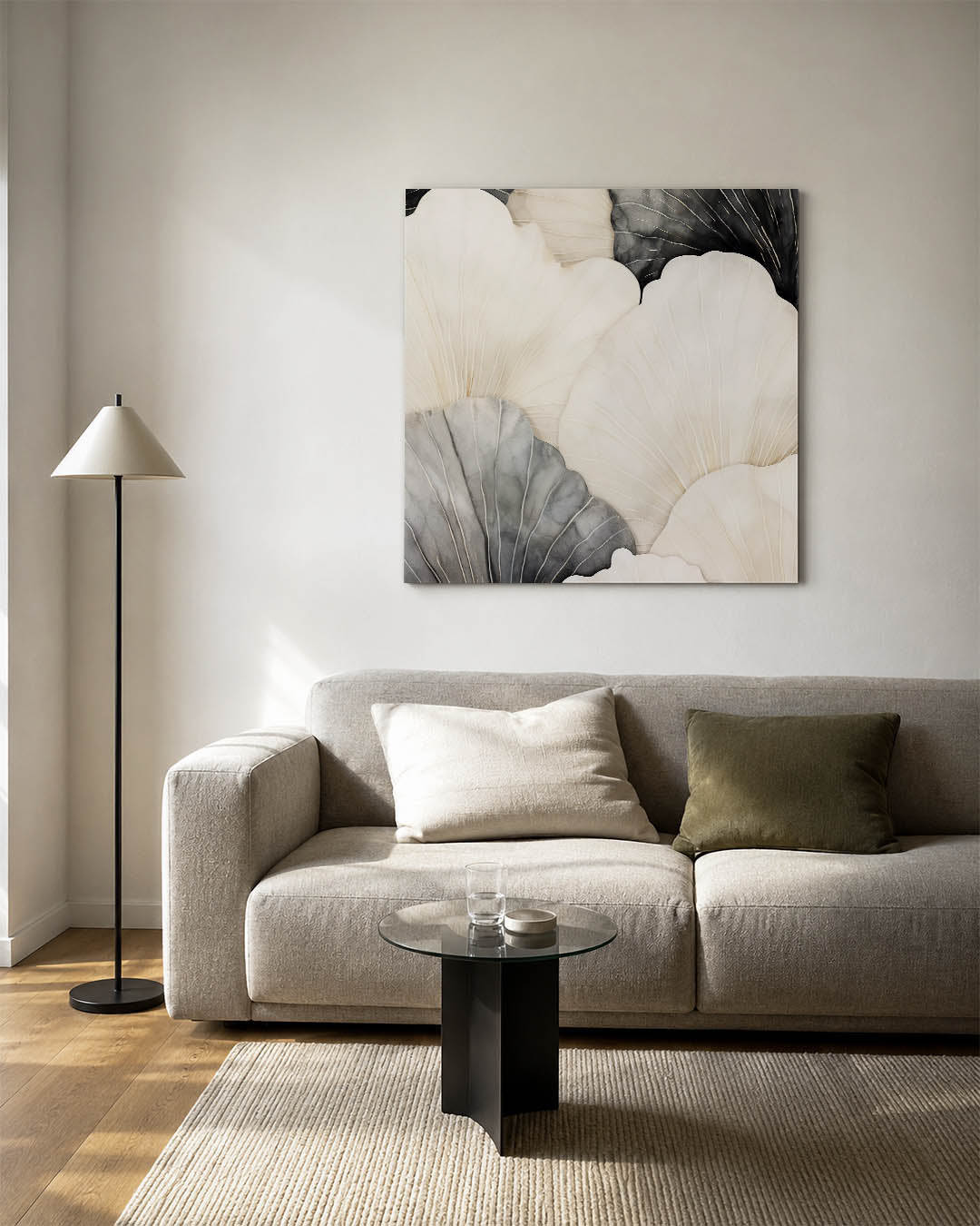 Organische vormen kunstwerk – vierkante wanddecoratie – dit kunstwerk toont overlappende, golvende vormen in zachte tinten.