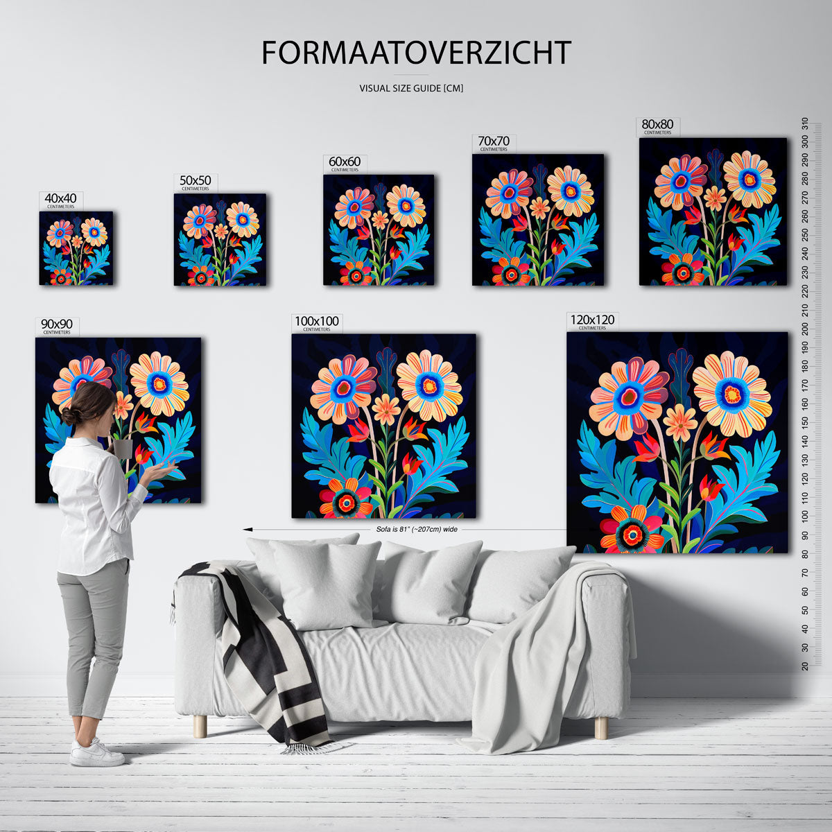Bloemen en bladeren – vierkante muurposter met kleurrijke illustratie