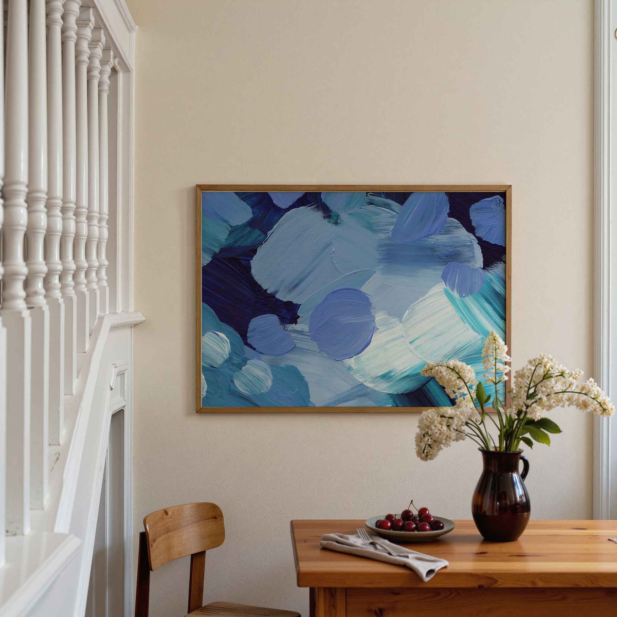 Abstracte blauwe vormen – artistieke poster in liggend formaat